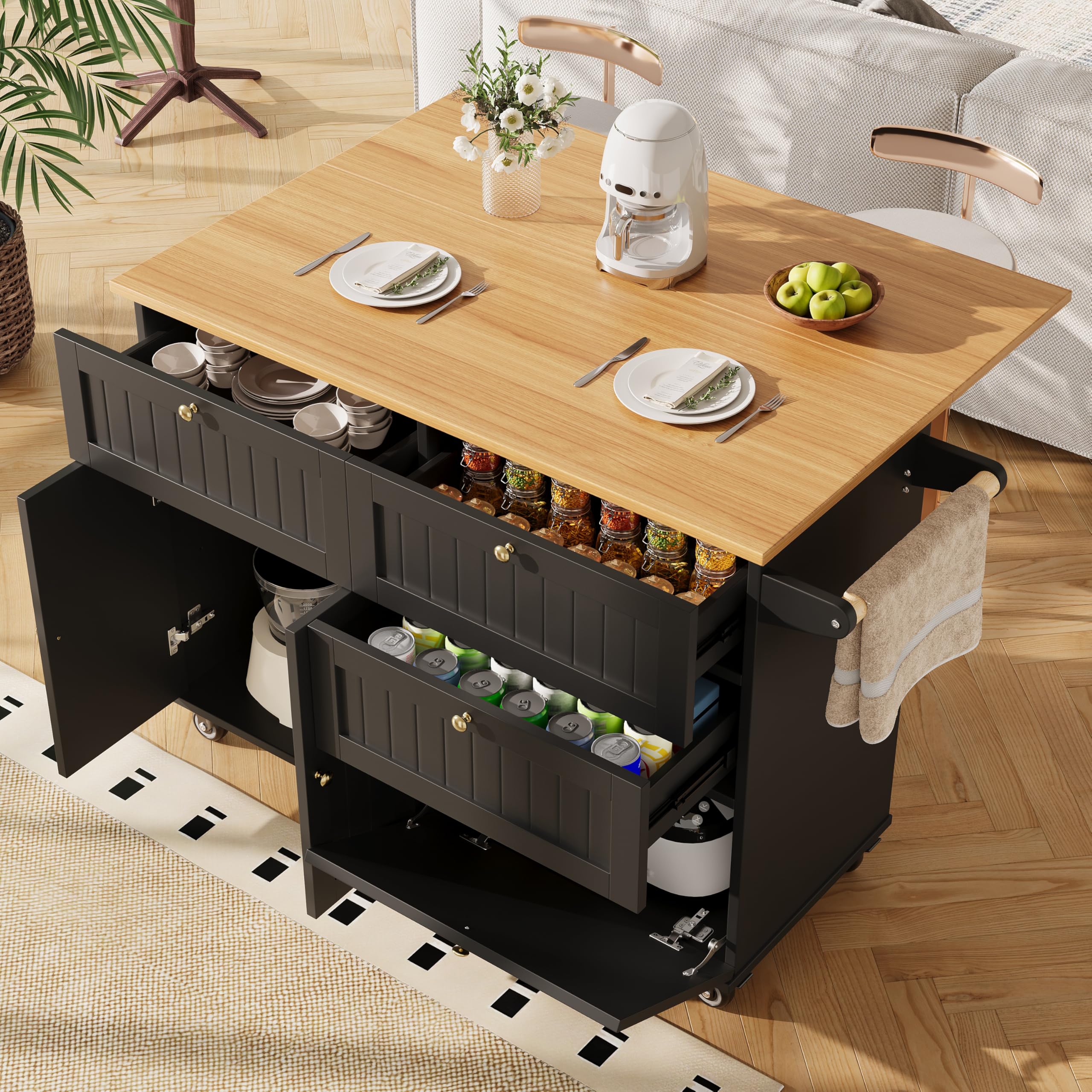 Bladez Isola cucina con ruote e piano estraibile, carrello cucina multifunzione con tavolo integrato, cassetti e ripiani, penisola cucina e scrivania angolare, mobile salvaspazio nero