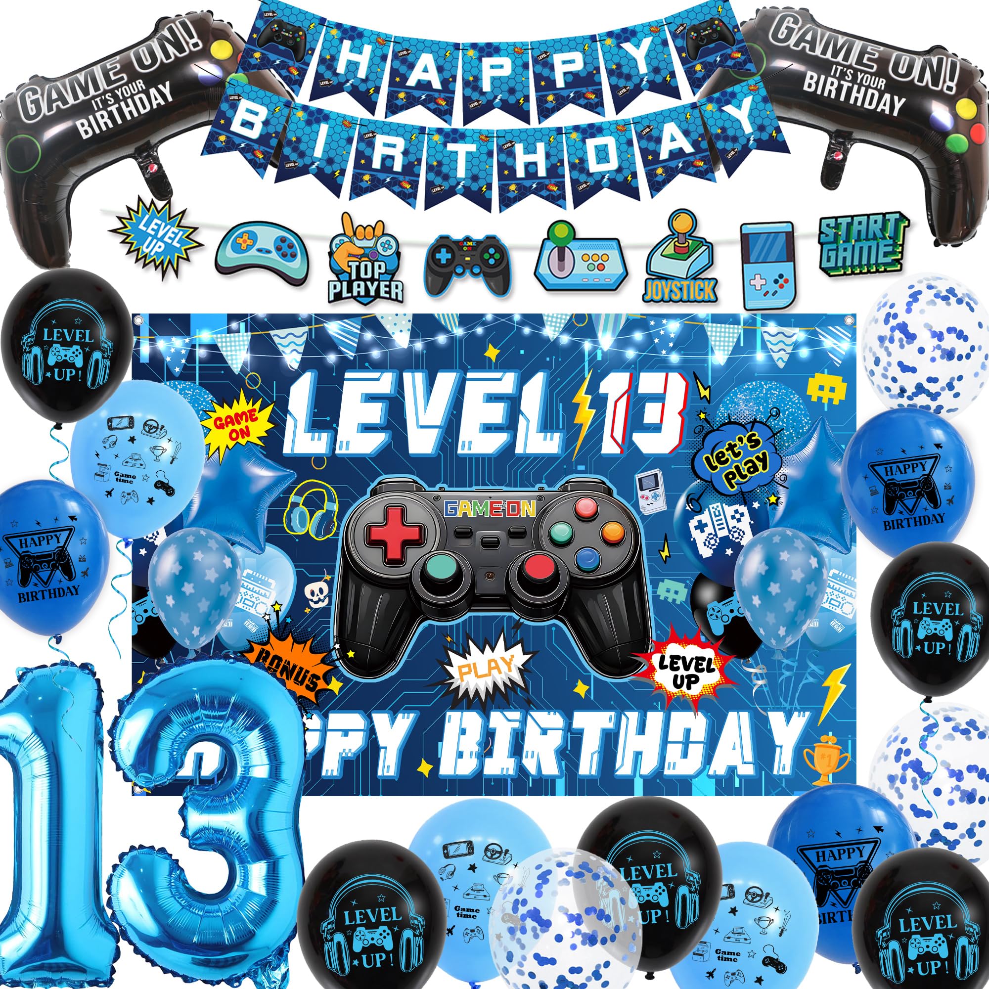 13th Birthday Decorations Banner Set - Blue Gaming Theme Balloons Kit with Hanging Swirls, Happy Birthday Backdrop Banners and Foil Balloons for Boys 13 Years Old Party Supplies โ image 1