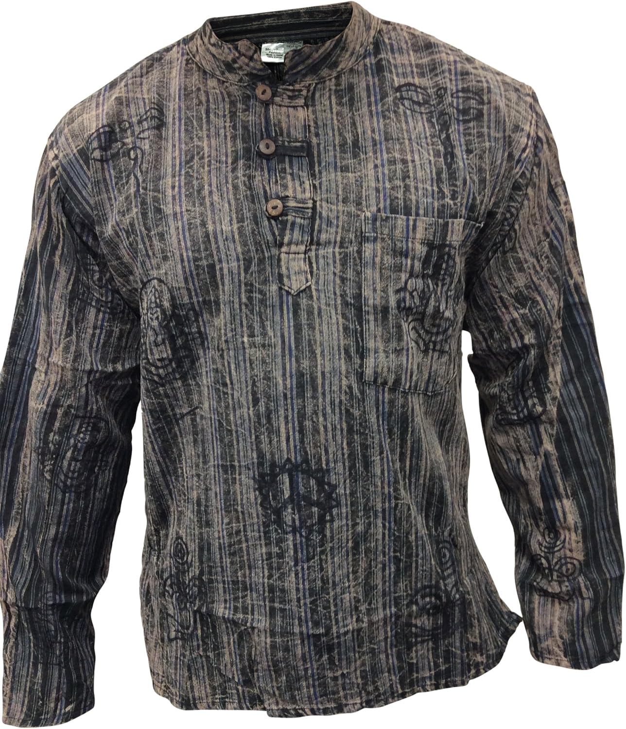 Shopoholic Fashion Men's Hippie Stonewashed Stripe Long Sleeve Cotton Summer Grandad Shirt - Image 2
