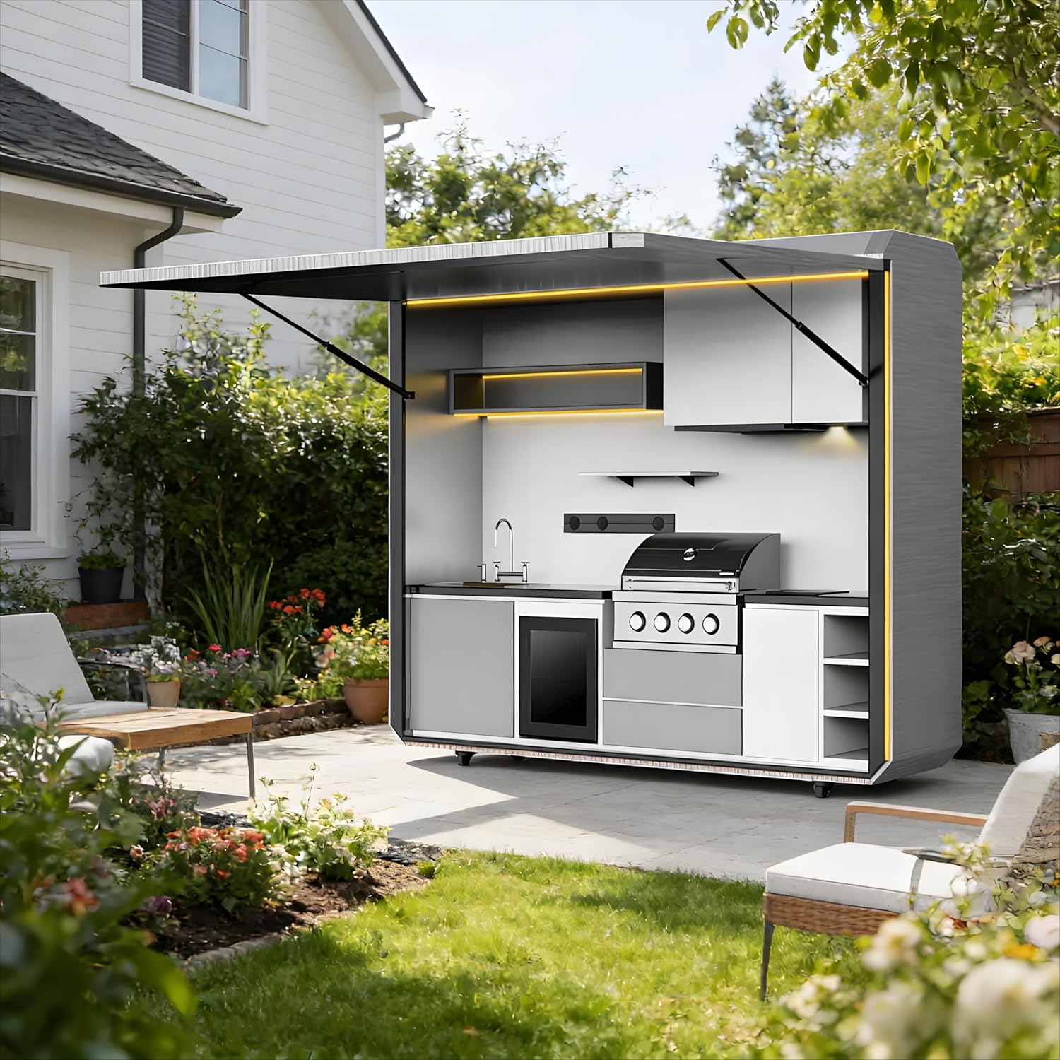 Outdoor Kitchen with Refrigerator Modular BBQ Island Stainless Steel Grill Station for Backyard Patio, Weatherproof Outdoor Cooking Island with Sink Storage Drawers for Home Entertaining