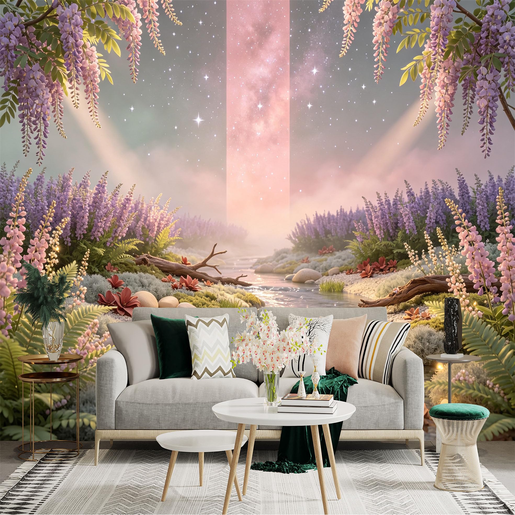 Lnzczhyre Bh260719655 Custom Size Wall Sticker Mural， Dreamy Lavender Field， Serene River Landscape， Soft Pastel Sky With Stars， For Wall Decoration， Peelandstick Wall Decals.