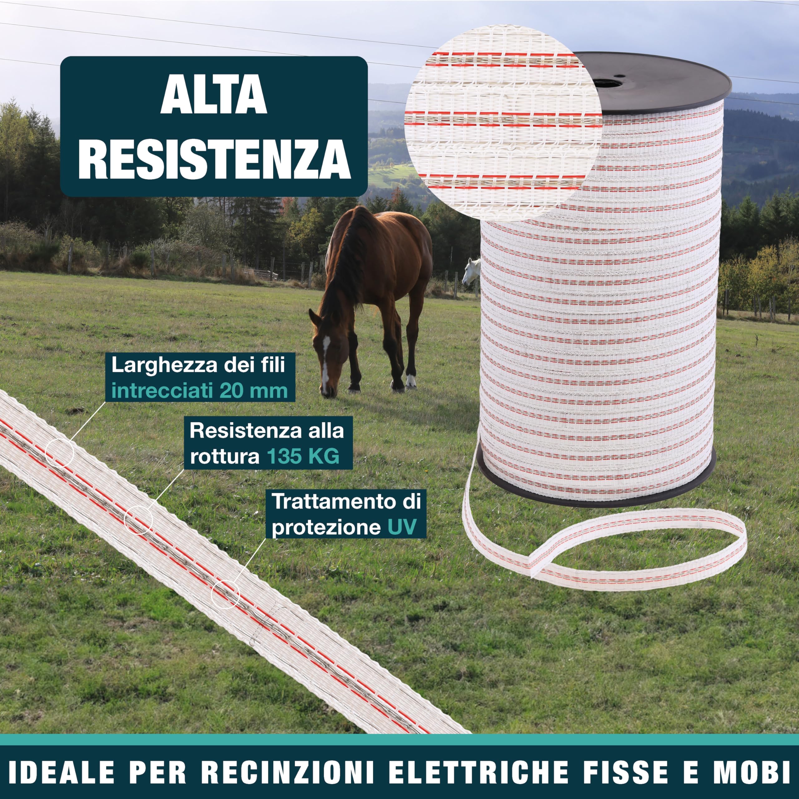 Nastro ZZ per Recinto Elettrico 12,5 mm - 5 fili in acciaio inox 0,20 mm e 2 fili in rame 0,30 mm - Bobine da 200 m/400 m - Ideale per recintare cavalli, mucche, pecore e capre
