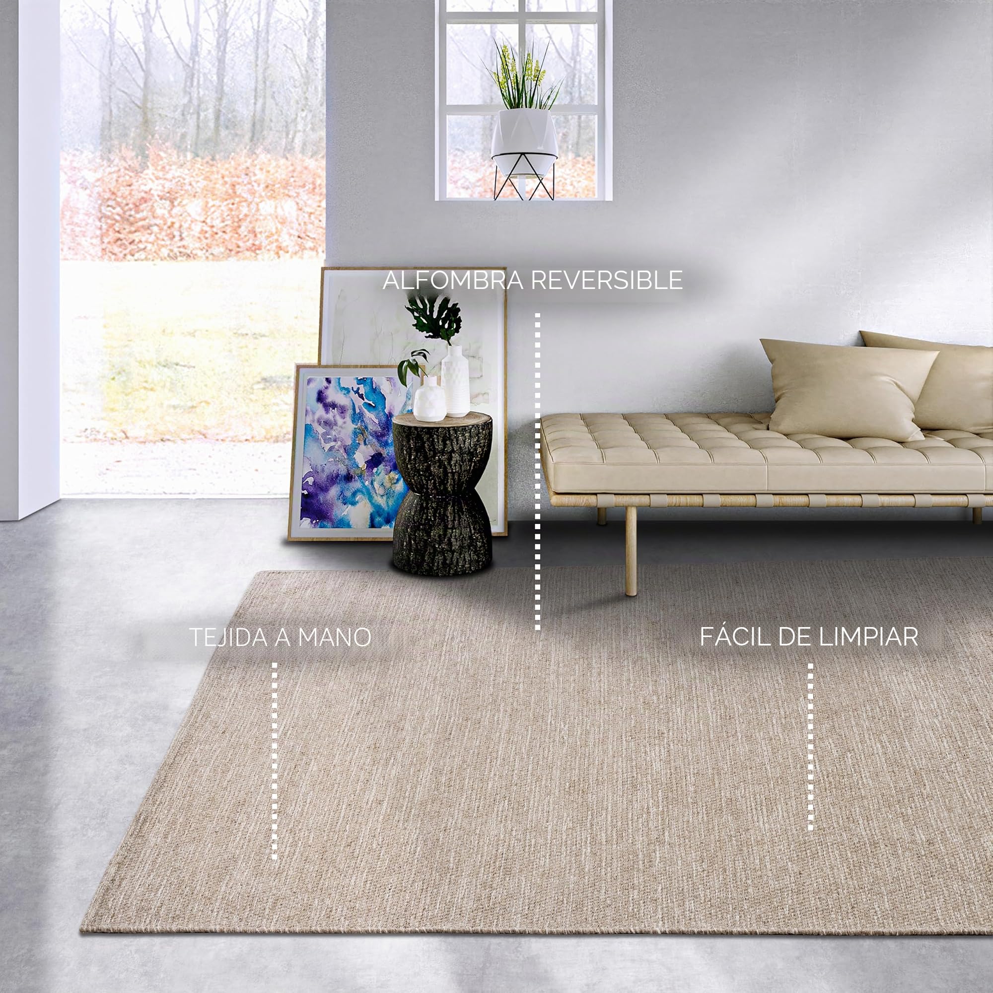 Elle Decor ation Pradesh Alfombra de Lana Natural, Tejida a Mano y respetuosa con el Medio Ambiente, para salón, Dormitorio, Comedor, Pasillo, Cocina, Lino Blanco, 80 x 150 cm