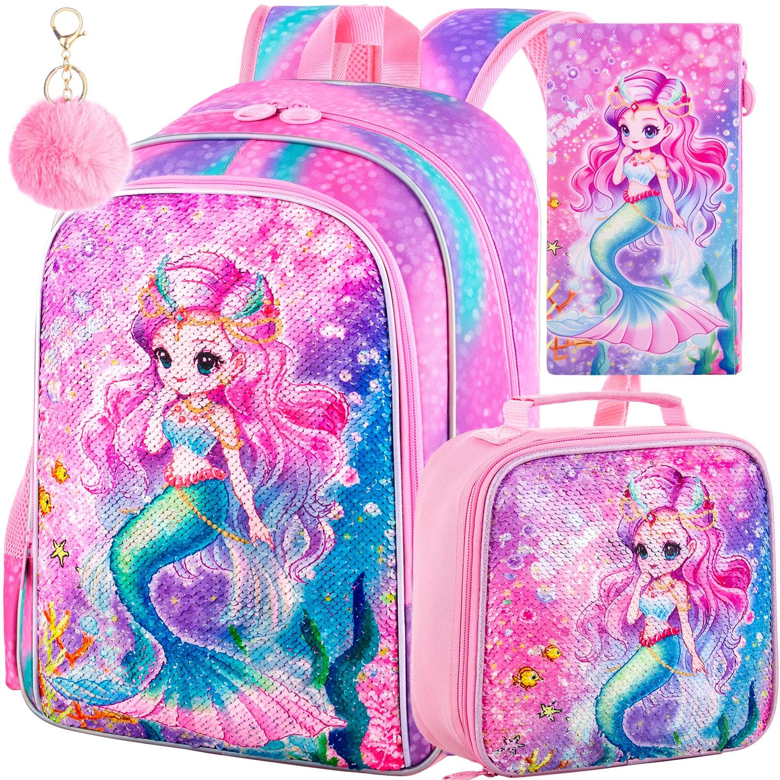 KLFVB 3PCS Unicorn Mermaid Backpack for Girls, 16" Sequin Kids Bookbag and Lunch Box, Preschool Backpacks for Elementary