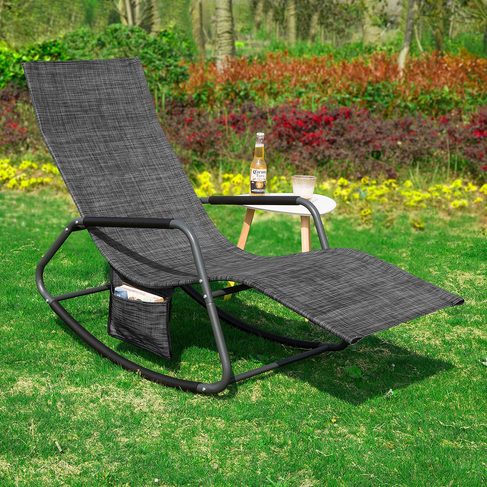 SoBuy Transat Jardin Exterieur Chaise Longue à Bascule Fauteuil Relax Extérieur avec Pochette Latérale Bain de Soleil pour Terrasse Balcon et Plage Noir 143x57x85 cm OGS47-MS