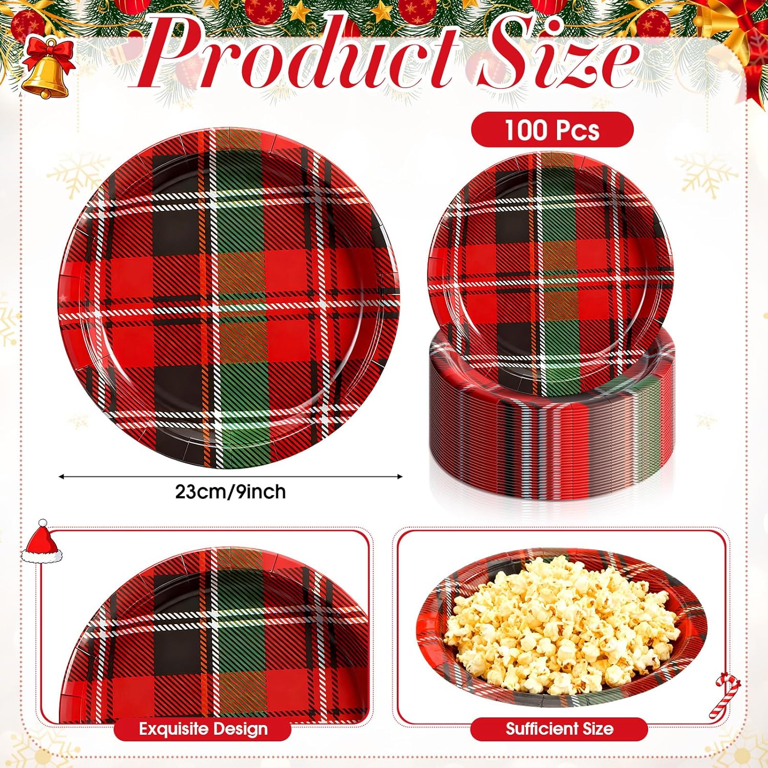 Uiifan 100 Pcs 9 Inch Christmas Paper Plates Red Plaid Paper Plates Disposable Dinner Tableware Christmas Party Dessert Supplies for Xmas Holiday Winter Birthday Wedding Theme Party Decoration
