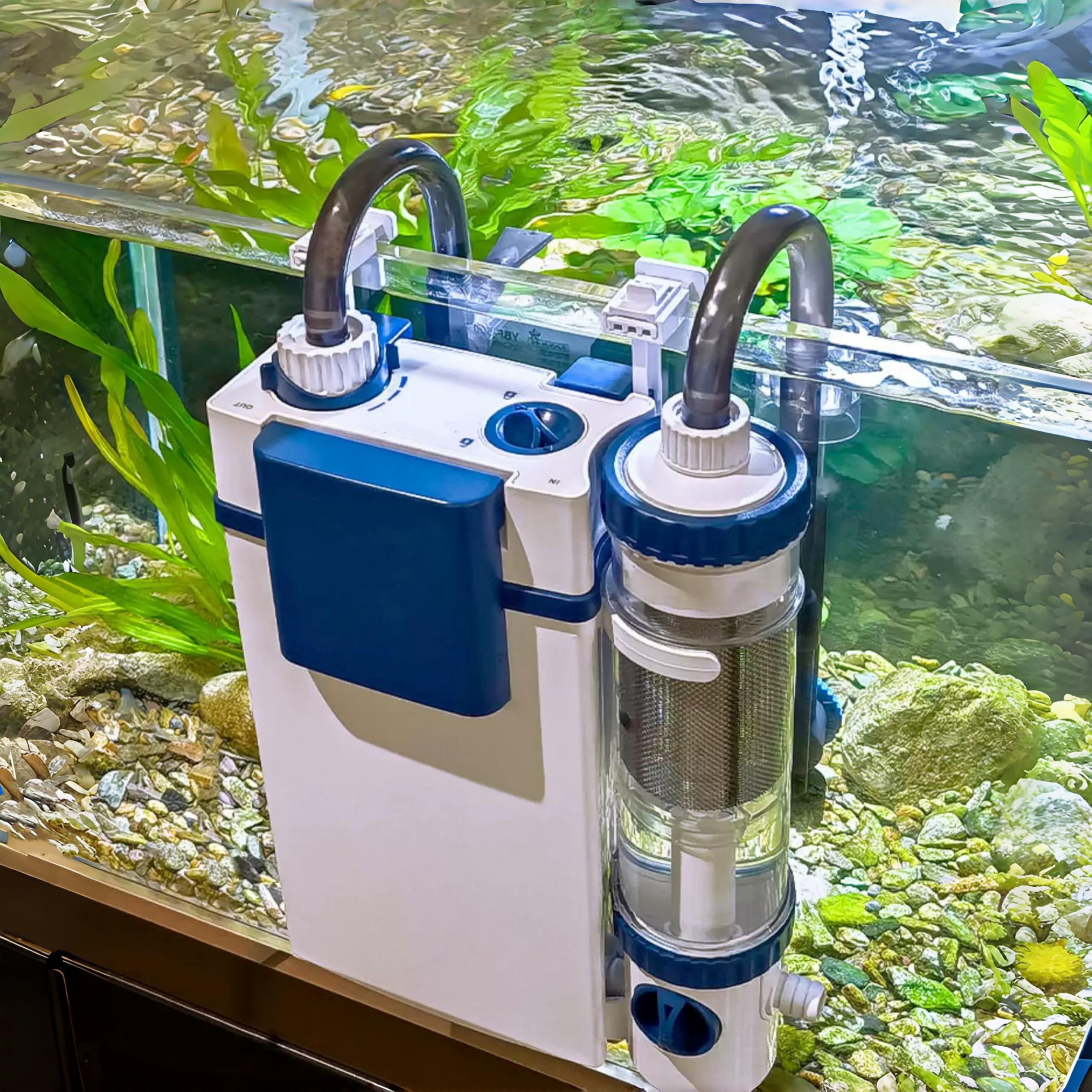 Filtro per acquario con separatore di rifiuti di pesce, filtro silenzioso tutto in uno con aerazione e schiumatoio per olio superficiale, flusso telescopico regolabile di aspirazione a 3 stadi (6 W)