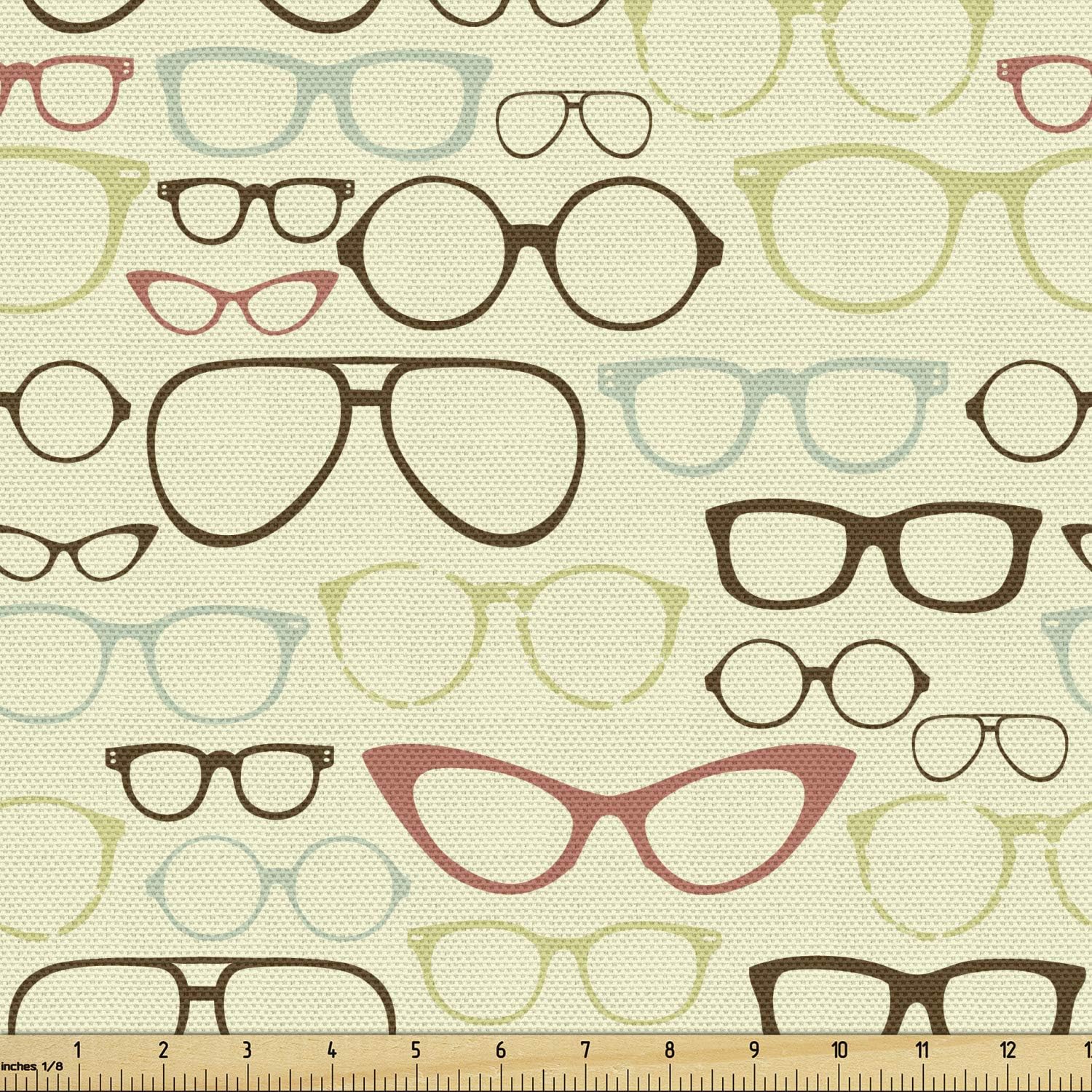 Ambesonne Sunglasses Fabric by The Yard, Continuing Eye Accessories in Various Shapes and Colors Scattered, Decorative Fabric for Upholstery and Home Accents, 1 Yard, Cream Green