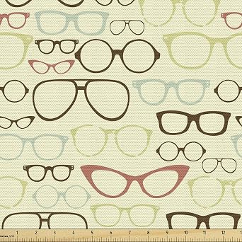Ambesonne Sunglasses Fabric by The Yard, Continuing Eye Accessories in Various Shapes and Colors Scattered, Decorative Fabric for Upholstery and Home Accents, 1 Yard, Cream Green