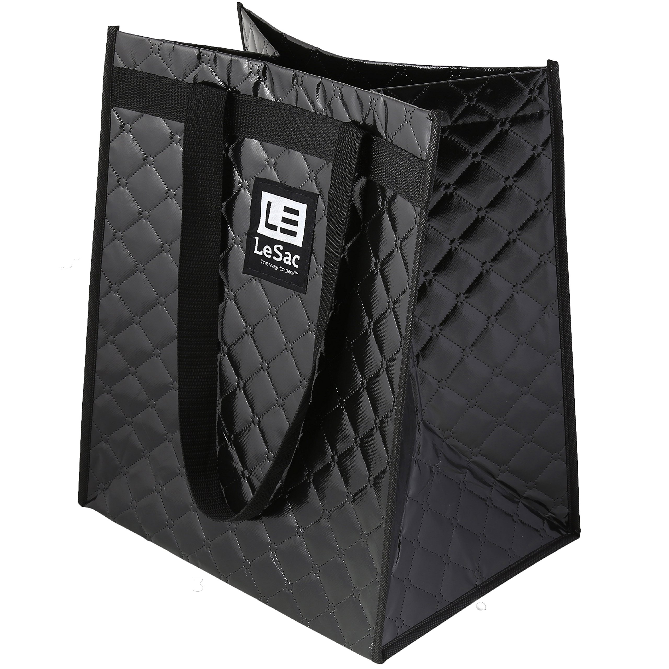 Le Sac Fashionable Quilted Reusable Grocery Bag Heavy Duty Shopping Tote Bag Large Bag With Reinforced Handles and fold-able Hard Bottom Base for Easy Loading and Unloading - 2 Pack