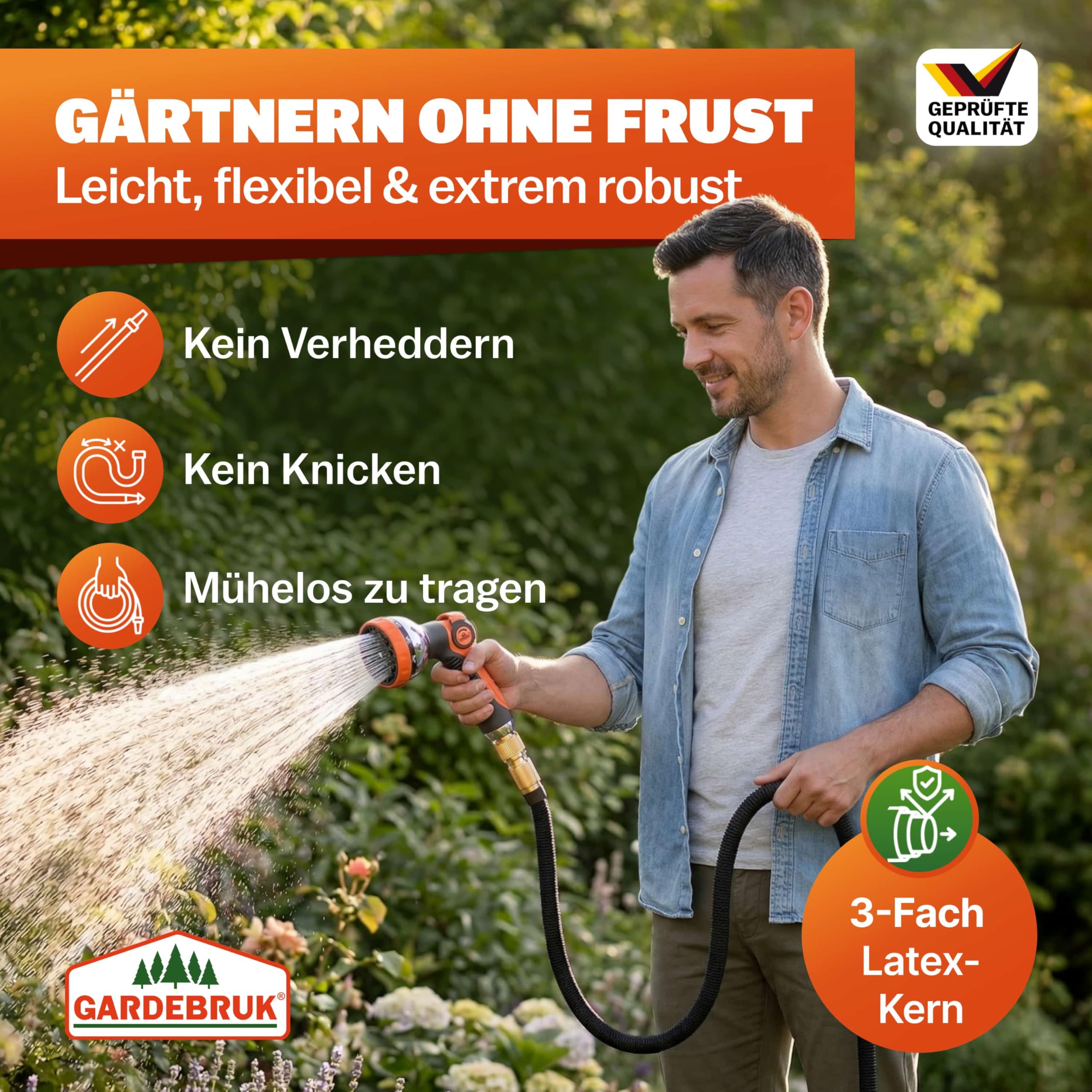 GARDEBRUK® Flexibler Gartenschlauch 22m 3fach Latexkern Vollmessing Adapter 1/2' 3/4' Zoll Wandhalterung Tasche Flexschlauch Wasserschlauch Schwarz