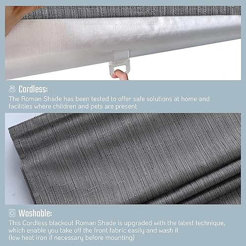 Miniatura 10 de Persianas romanas 100% opacas sin cordones para ventanas, tejido texturizado, aislamiento térmico, color pimienta, 30 pulgadas de ancho x 64