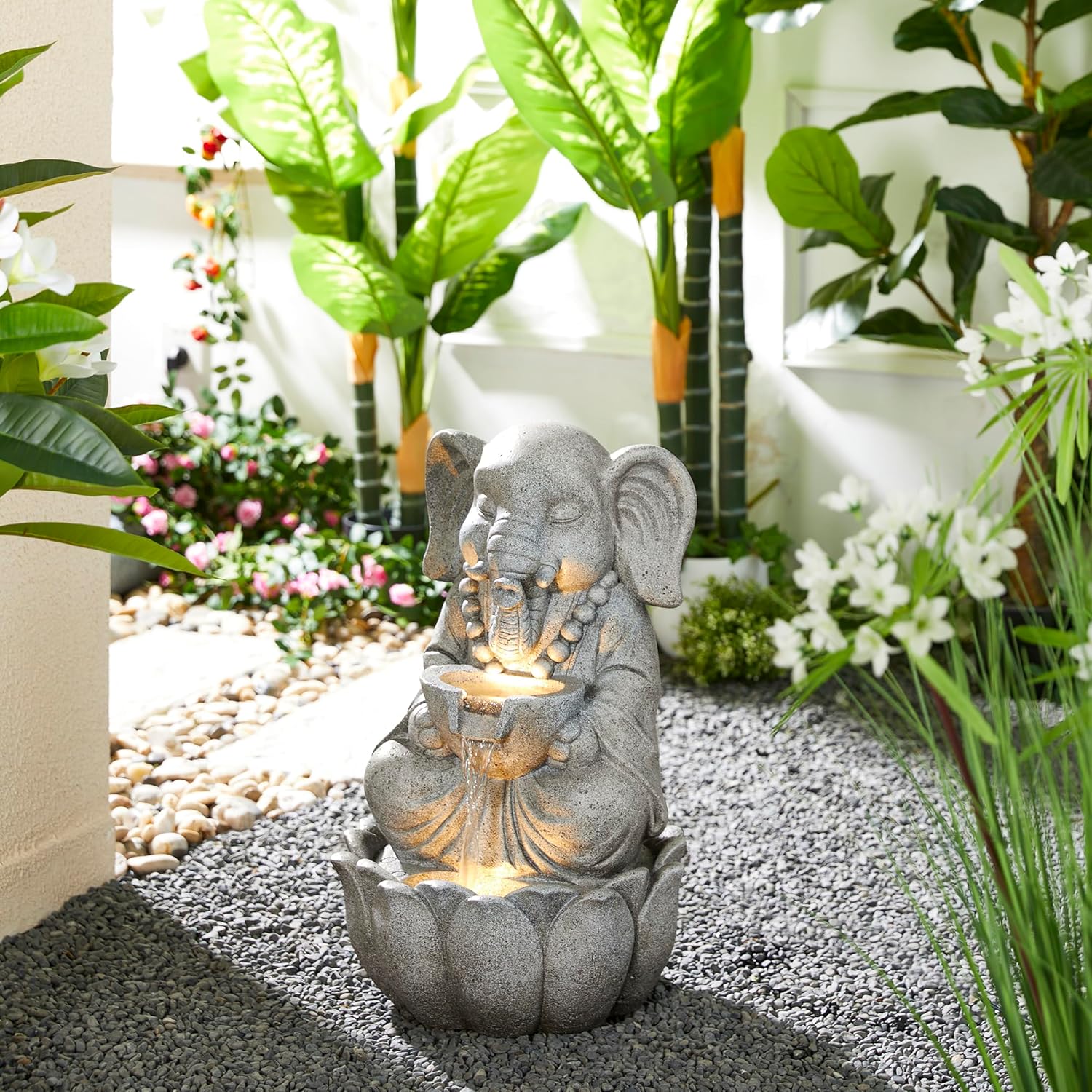 Glitzhome 2-Tiered Zen-Style Concrete Elephant Polyresin Outdoor Fountain with Pump and LED Light, 21.75" H