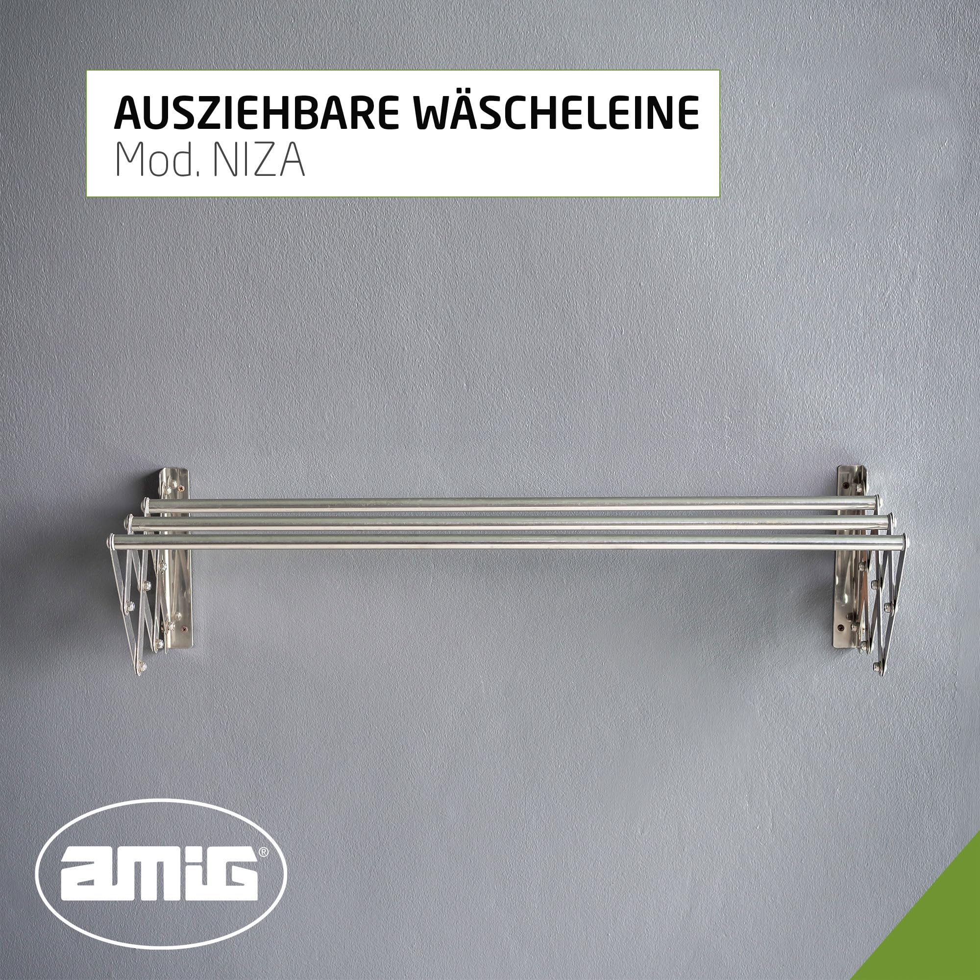 Amig - Ausziehbarer Wandwäscheständer | Hergestellt aus hochfestem Aluminium | Edelstahlfarbene Oberfläche | Maße: 80x14x3cm | Faltbarer Wäscheständer | Außenwäscheständer