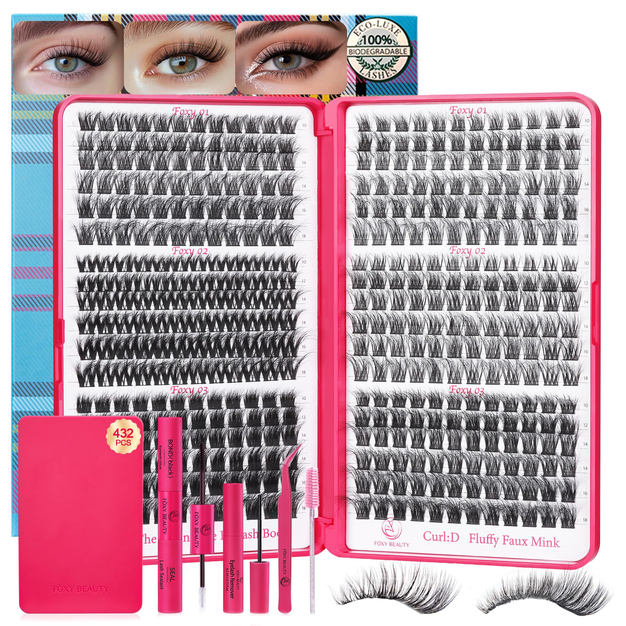 Lash Clusters Kit - Lash Extension Kit 0.05D Wispy Eyelash Clusters Fluffy Biodegradable Lightweight Eyelashes Kit with Bond and Seal