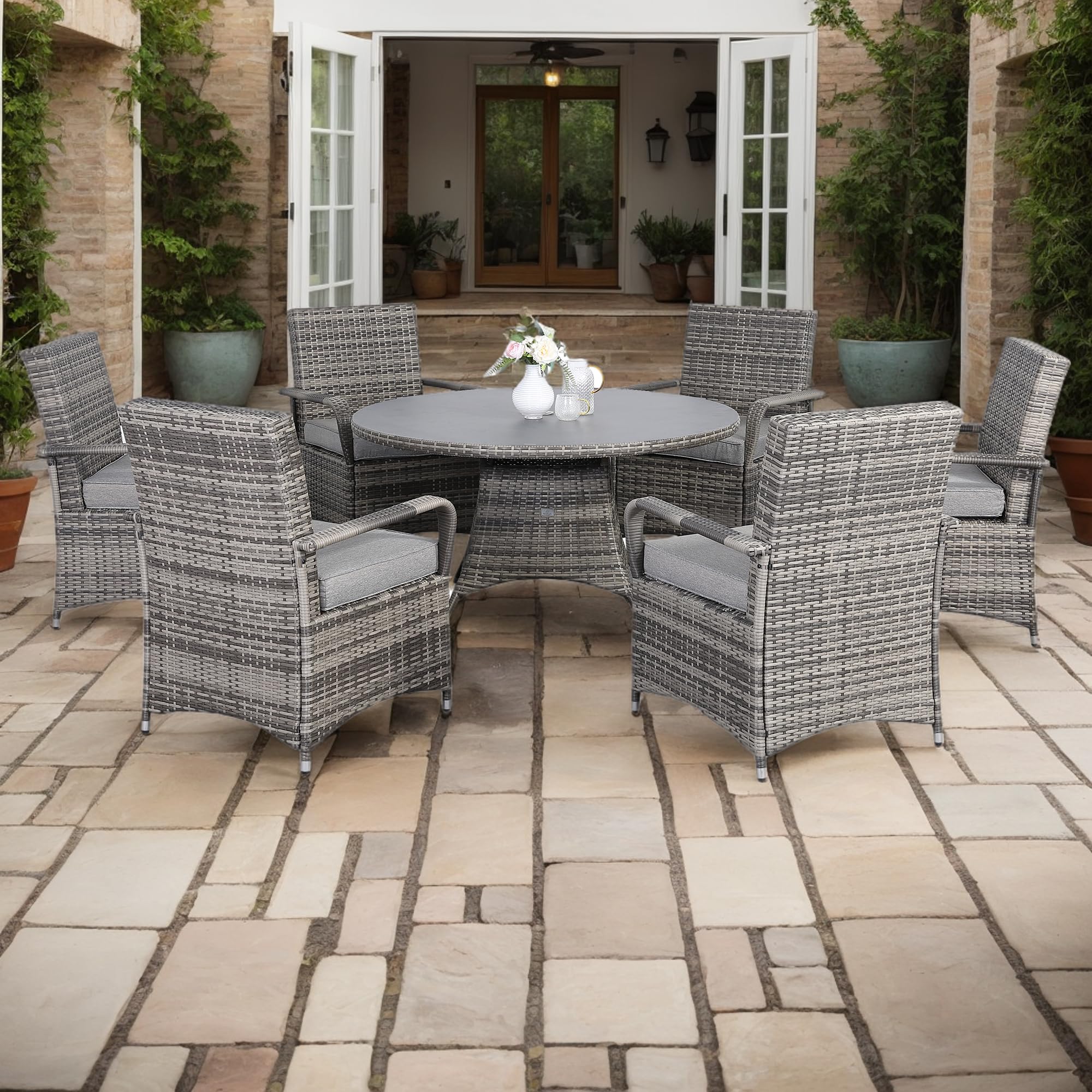Rattan park Rattan Garden Furniture Cambridge Range Round Dining Table with  Chairs in Stone Browne Grey Weave