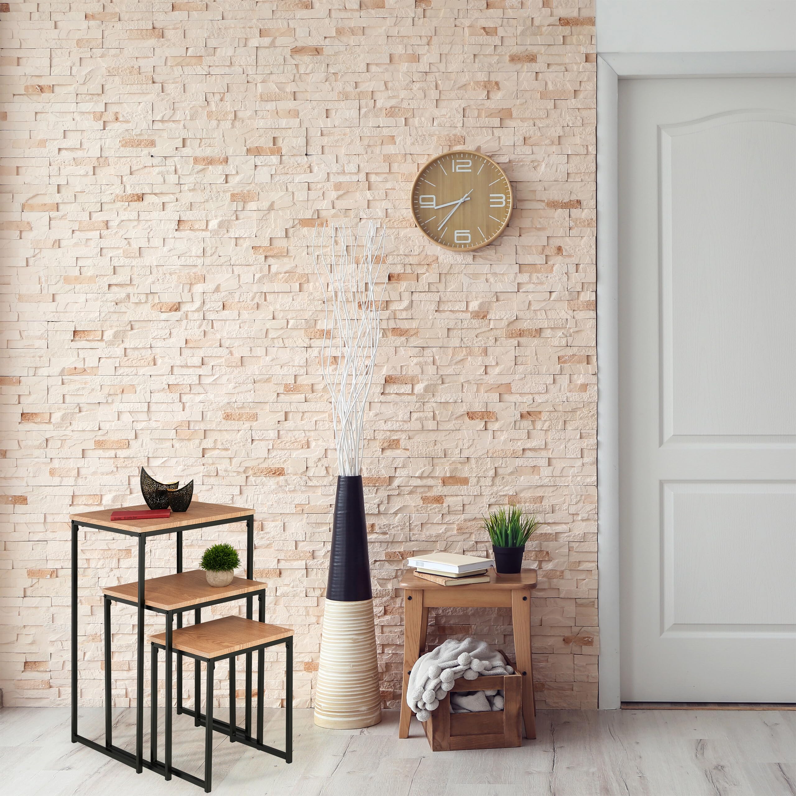 Relaxdays Lot de 3 Tables d’appoint, empilables, 3 Tailles, carrées, métal, pour Le Salon, déco, Nature - Noir