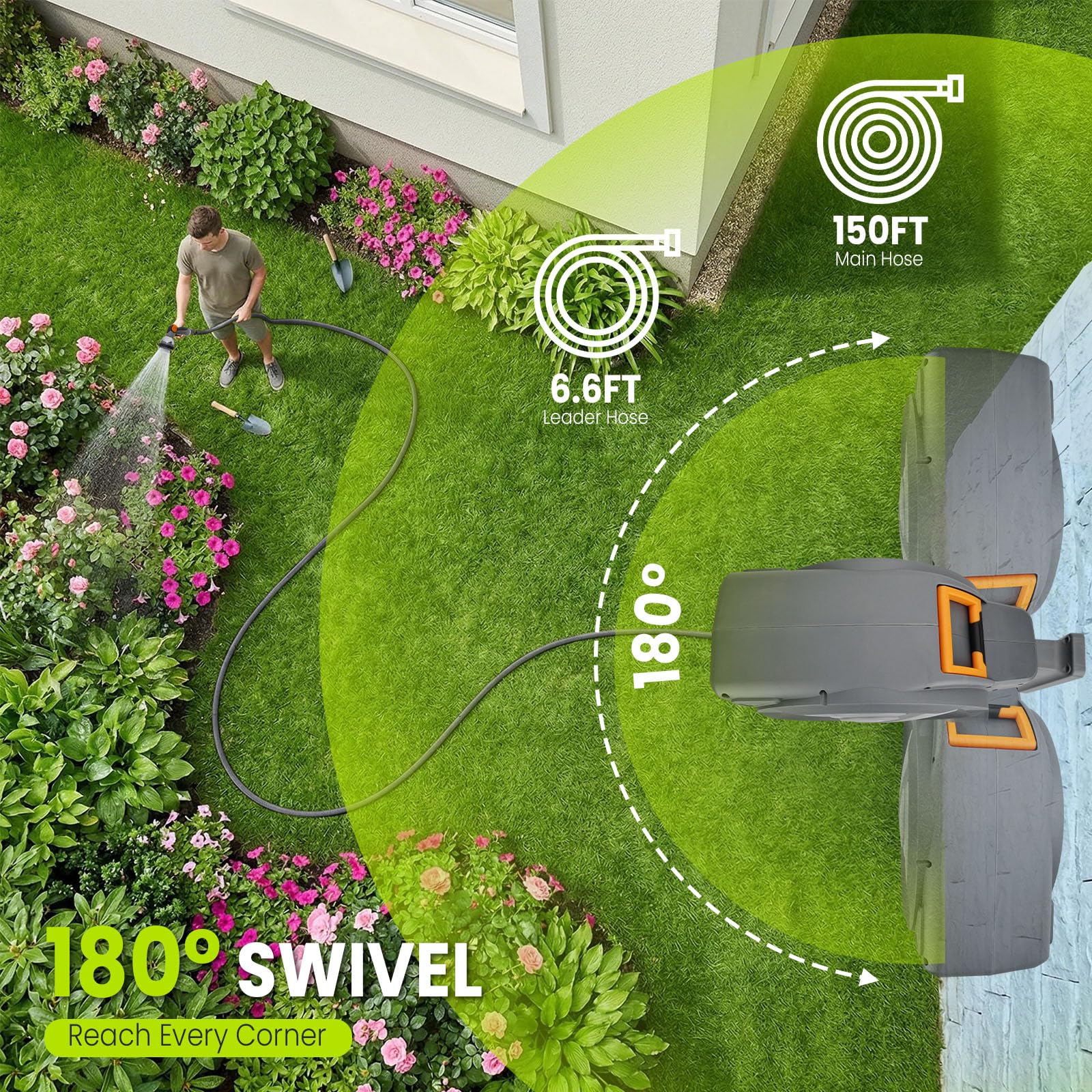 Schlauchtrommel 45m + 2m, 180°schwenkbar, Wandmontage, Automatischer Rücklauf, Längenarretierung, 10-Funktionen-Gartenbrause. Geeignet für Gartenbewässerung, Autowäsche