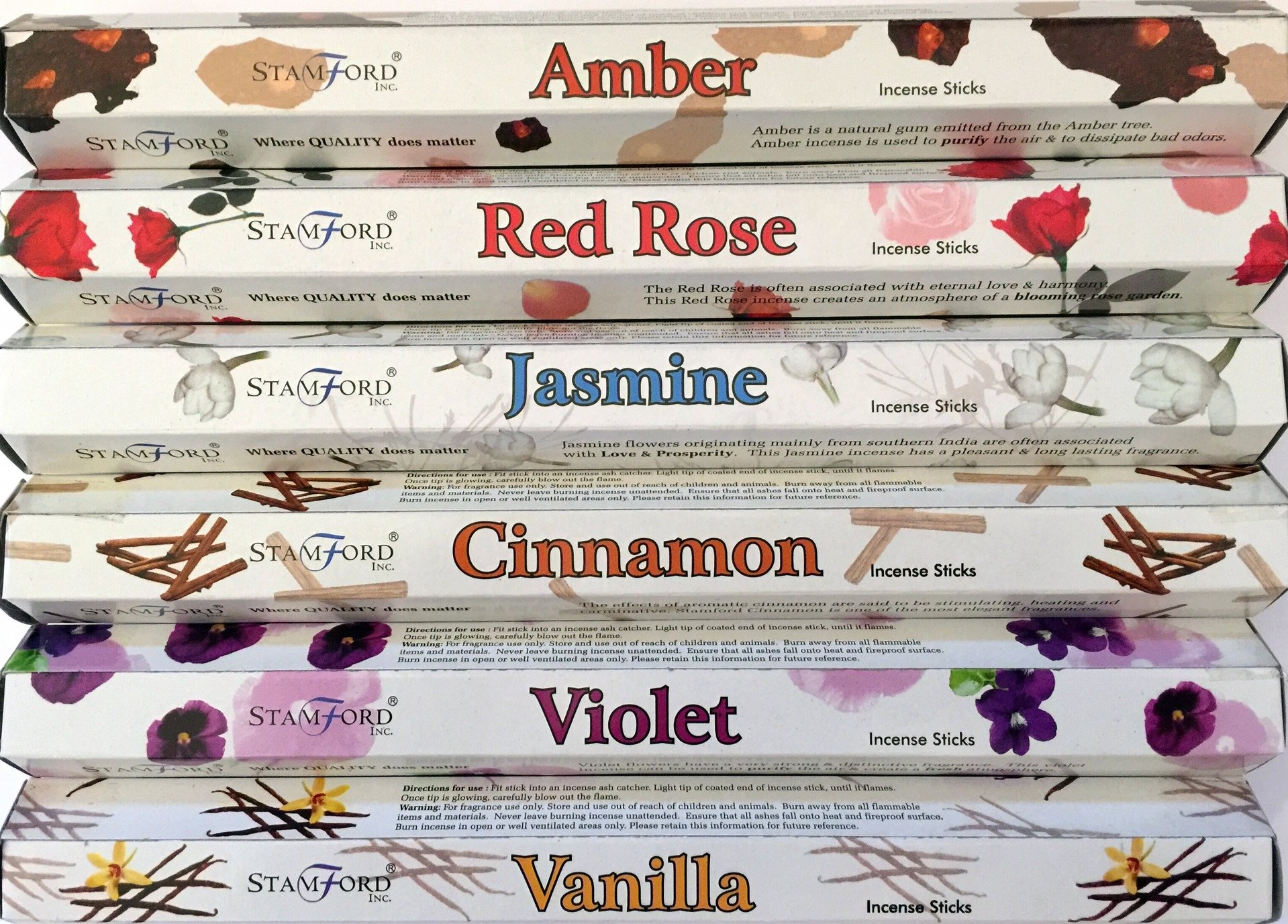 Stamford Premium Hex Range Incense Sticks - Amber, Red Rose, Jasmine, Cinnamon, Violet & Vanilla Incense gift pack.
