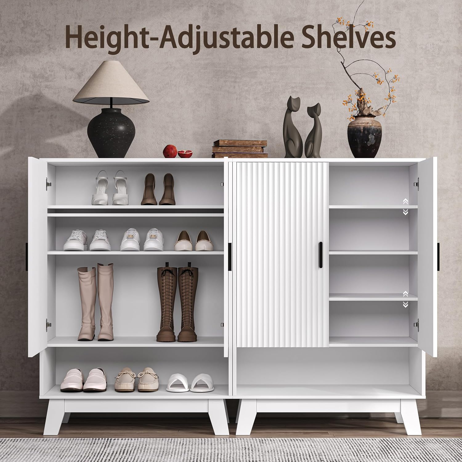 4-Tier Fluted Shoe Cabinet with 2 Doors & Open Shelf, Mid Century Modern Shoe Storage Organizer with Adjustable Shelves, Metal Handles & Wood Legs, Hidden Shoe Rack for Entryway, Hallway