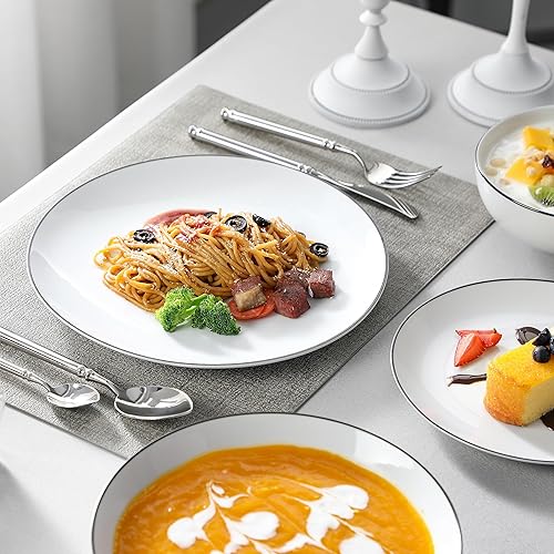 Miniatura 8 de MALACASA AMELIA - Juego de vajilla de porcelana gourmet de 24 piezas, color blanco moderno con borde negro, juego de platos redondos para 6, platos