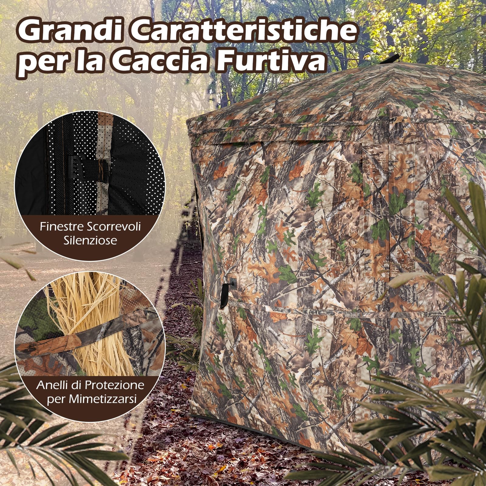 COSTWAY Tenda da Caccia per 2-3 Persone, Tenda Mimetica a 270° per Caccia, Tenda Pop-Up Camouflage con Porta Magnetica Silenziosa, 4 Finestre e Borsa da Trasporto, 146 x 146 x 170 cm
