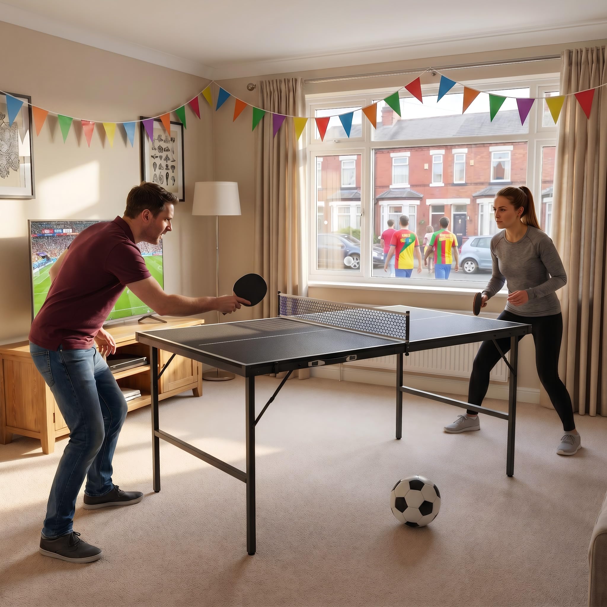 NAIZY Mini tavolo da ping pong pieghevole, 152,5 x 76 cm, per casa e interni | Tavolo da ping pong per esterni, pieghevole, nero/blu, set con palline da ping pong e rete da mountain bike