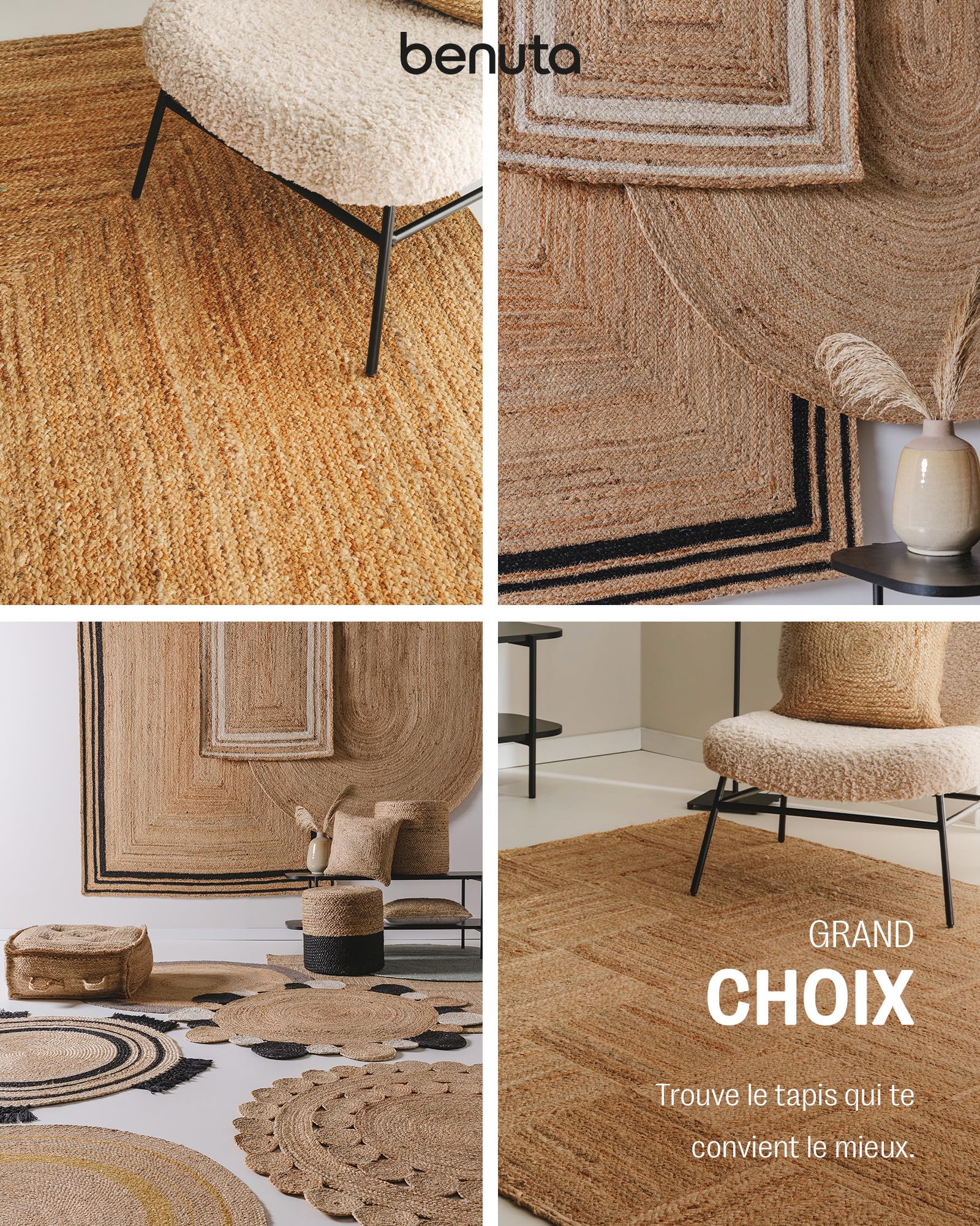 benuta Jutta Tapis en Jute Naturel - Rond 90 cm - Tapis de Salon tissé à la Main - Design Naturel - Convient pour Chauffage au Sol