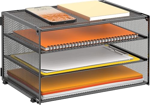 DALTACK Bandeja de papel de 3 niveles, organizador de papel de malla para escritorio, bandeja de cartas de metal, organizador de archivos de
