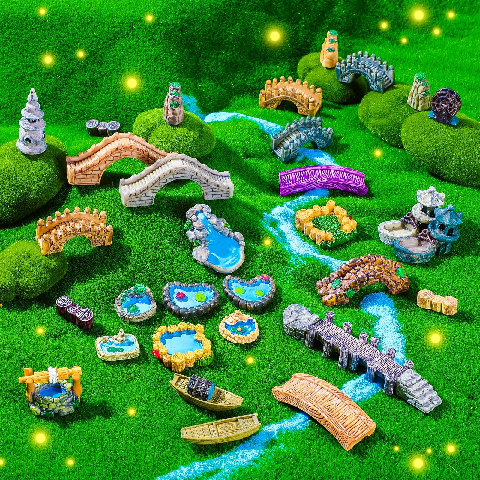 45 Pcs Garden Accessories Garden Furniture Ornaments Garden Miniature Figurines Tables Chairs Bridge Pond Lawn Village Fairy House Kit Grass Moss Rocks for Dollhouse Landscape Decor(Lake)