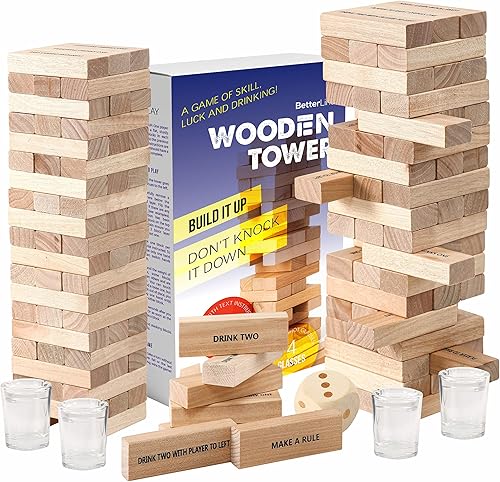 BETTERLINE Juego de madera de bloques apilables para beber 48 piezas Torre para adultos Juego de fiesta de amigos, despedida de soltero (60