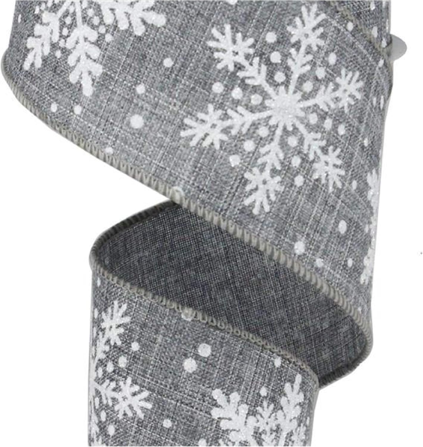 Glittered Snowflake Wired Edge Ribbon - 10 Yards (Grey, White, 2.5)