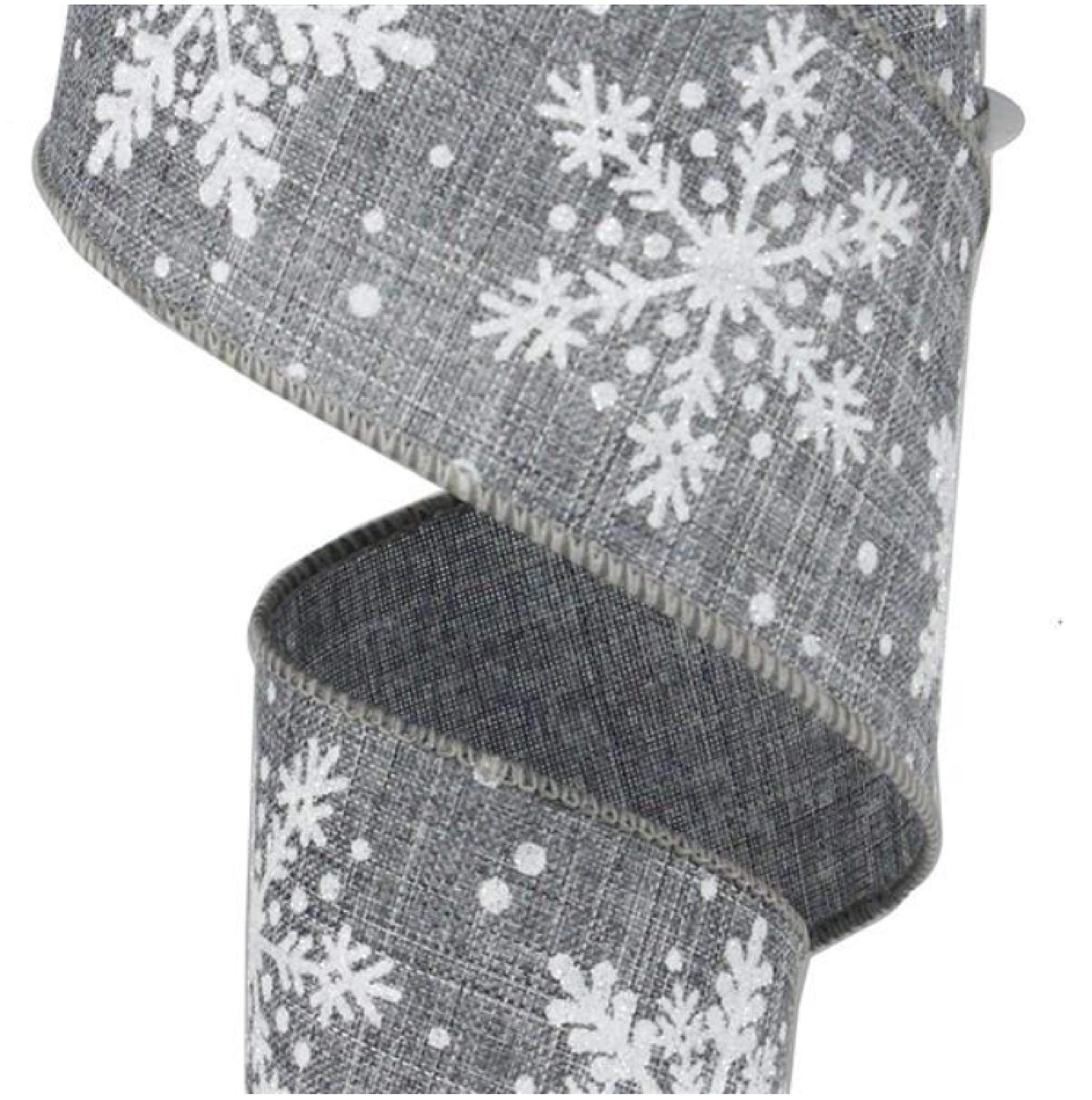 Glittered Snowflake Wired Edge Ribbon - 10 Yards (Grey, White, 2.5