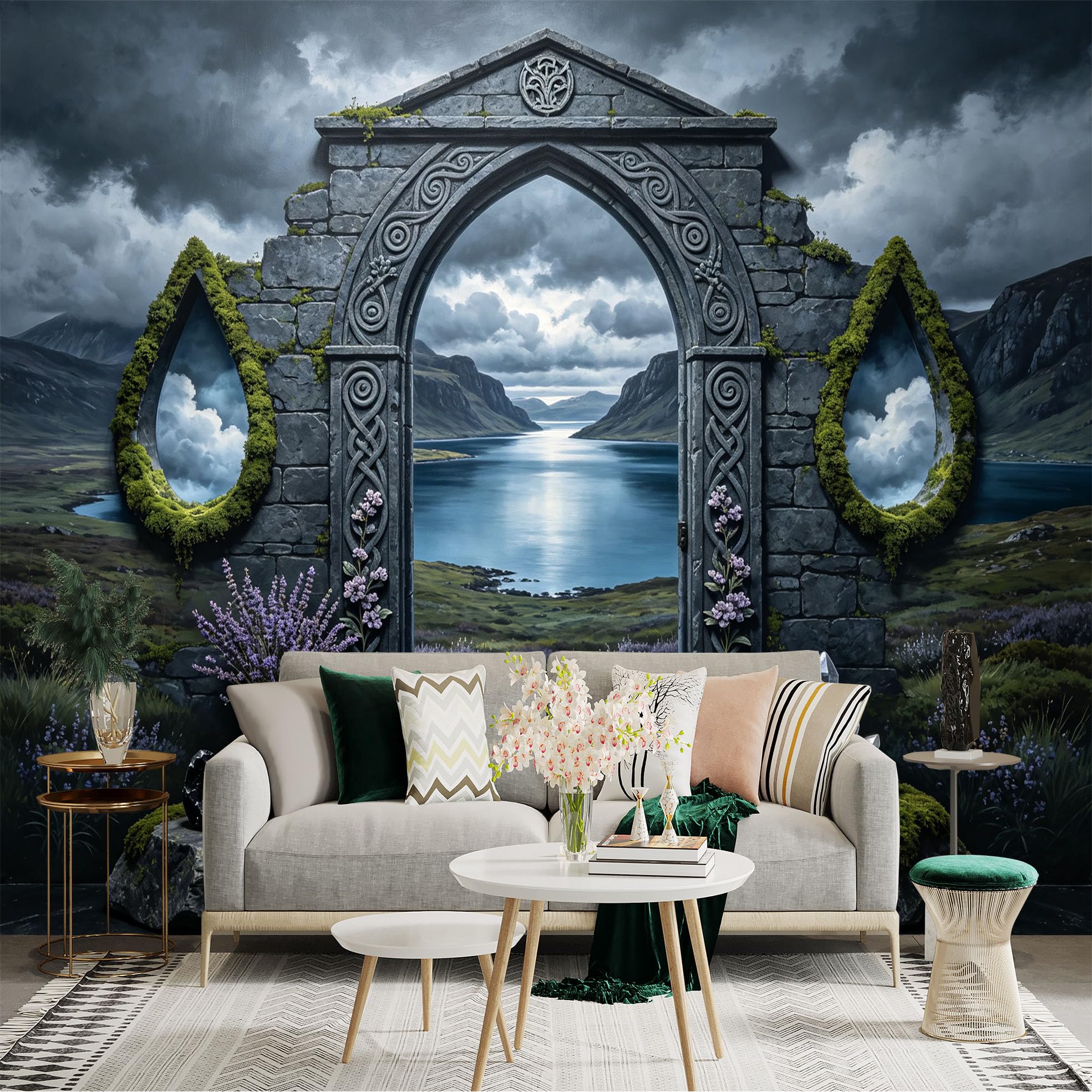 Custom Size Wall Sticker Mural， Fantasy Stone Archway， Mystic Lake Landscape， Celtic Style Ruins， Crystal Nature Scene， for wall Decoration， peelandstick wall Decals.