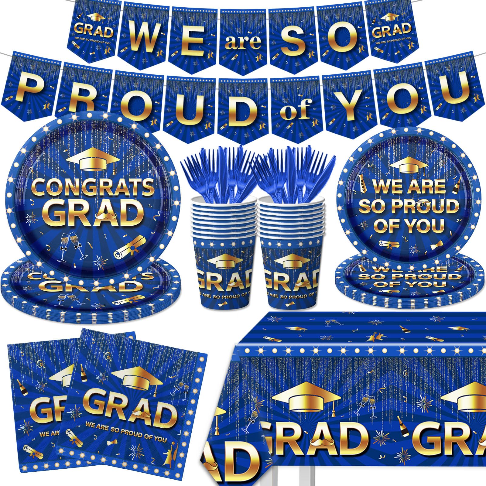 Navy Blue Gold Graduation Decorations Tableware Set, Class of 2026 Graduation Party Supplies Graduation Plates and Napkins, Cups Tablecloth Banner for