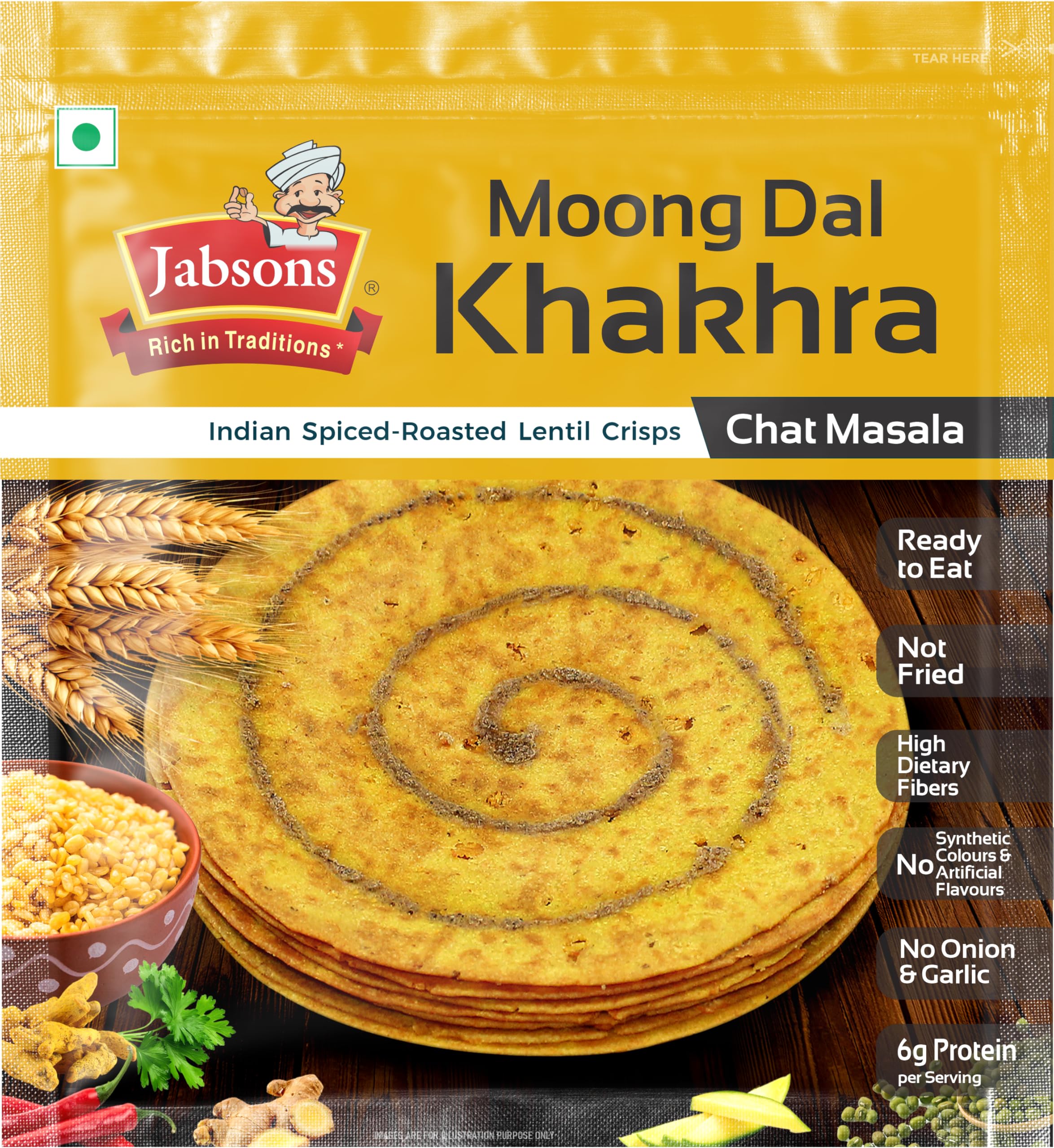 Jabsons Moong Dal Chat Masala Roasted Khakhra - 180gm | High-Protein & Fiber Rich Healthy Snack | Guilt Free Snacking | No Palm Oil | Ready to eat Snack