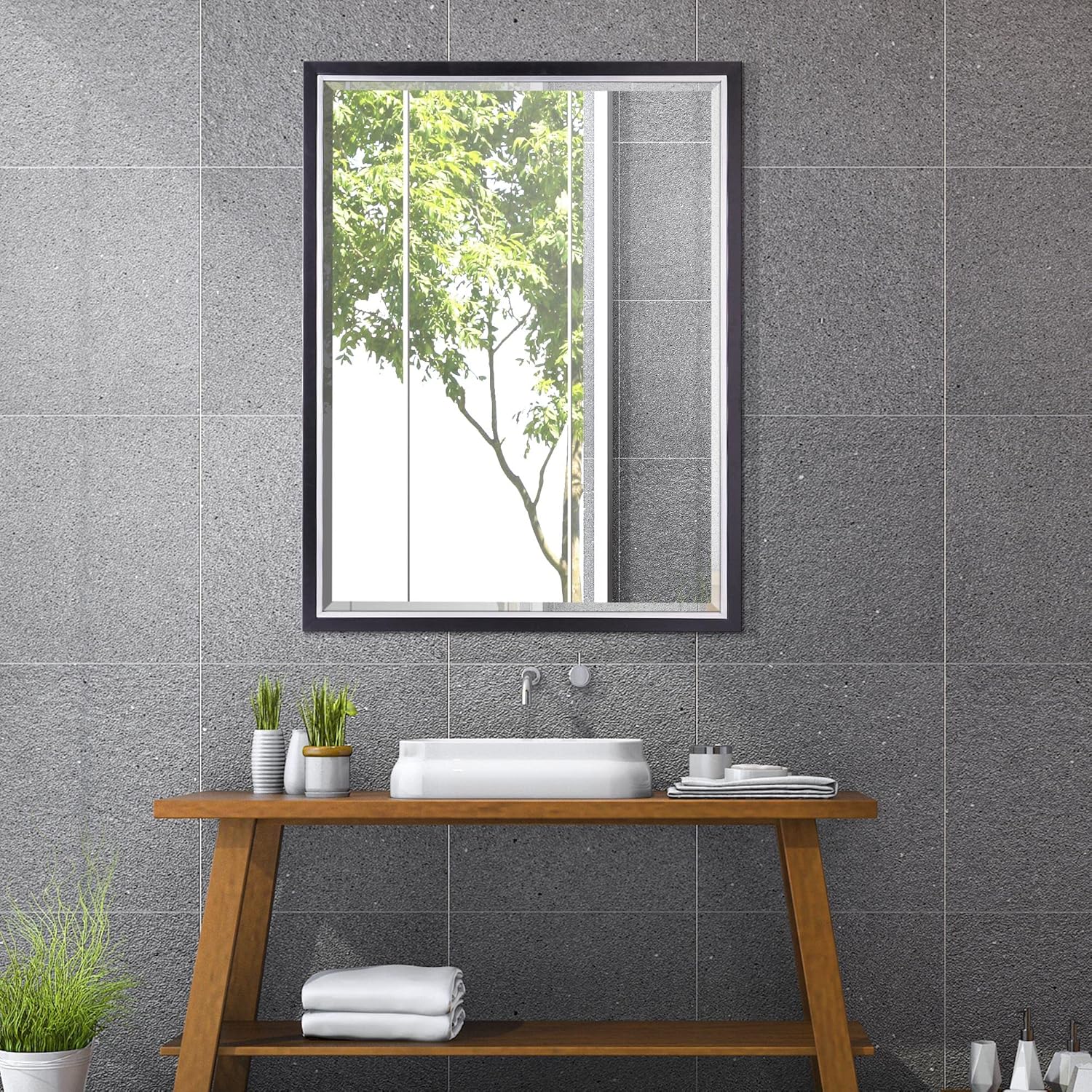 Head West Brushed Black Chrome Iron Metal Framed Beveled Edge Wall, Vanity, Bathroom, Rectangle, Living Room Mirror - 30" x 40"