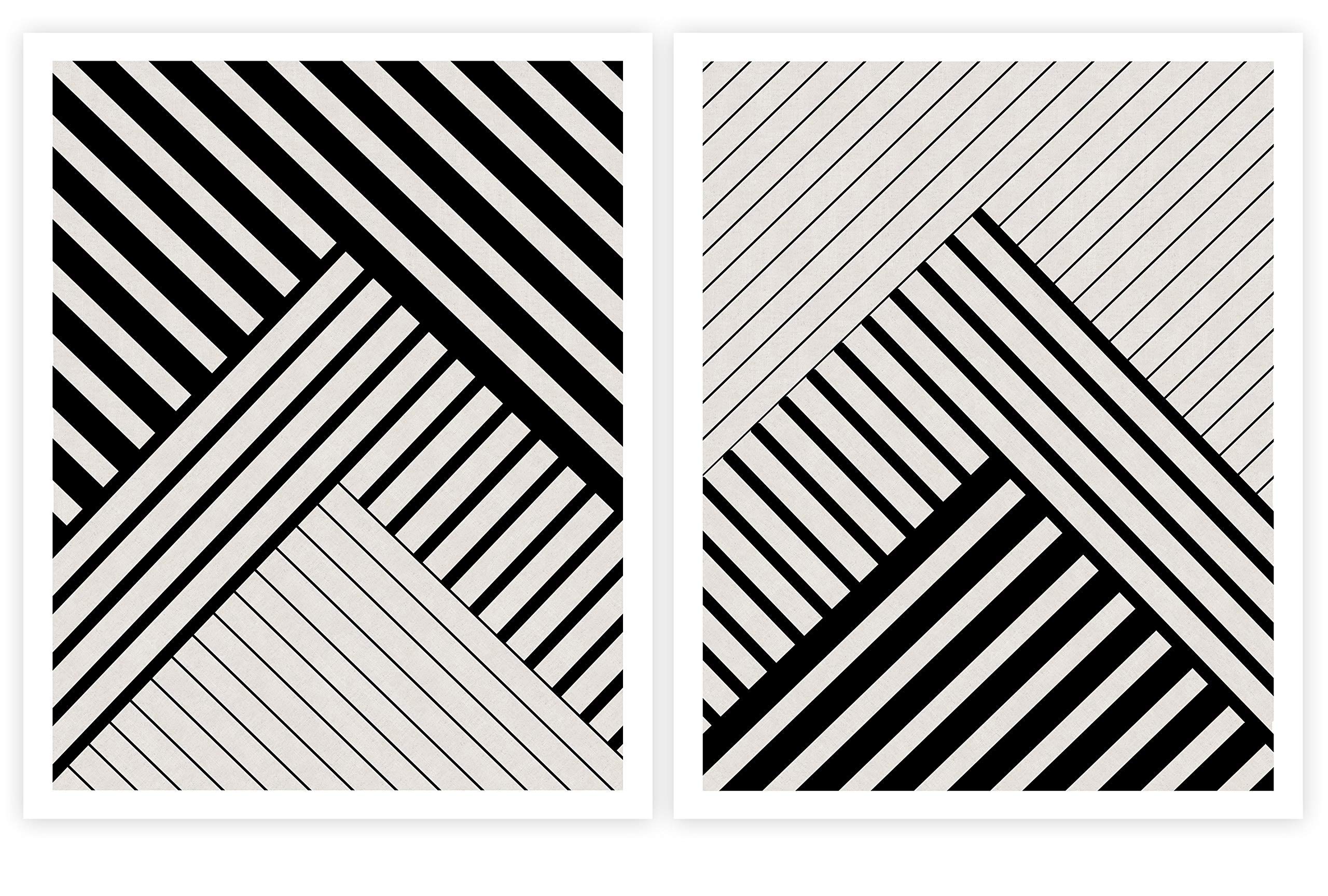 Geometric Wall Art - Modern Wall Decor - Triangle and Stripes Shape - Rustic Geometry Decorations for Home Office Living Room - Black Minimal Abstract Artwork - Set of 2-8x10 - UNFRAMED