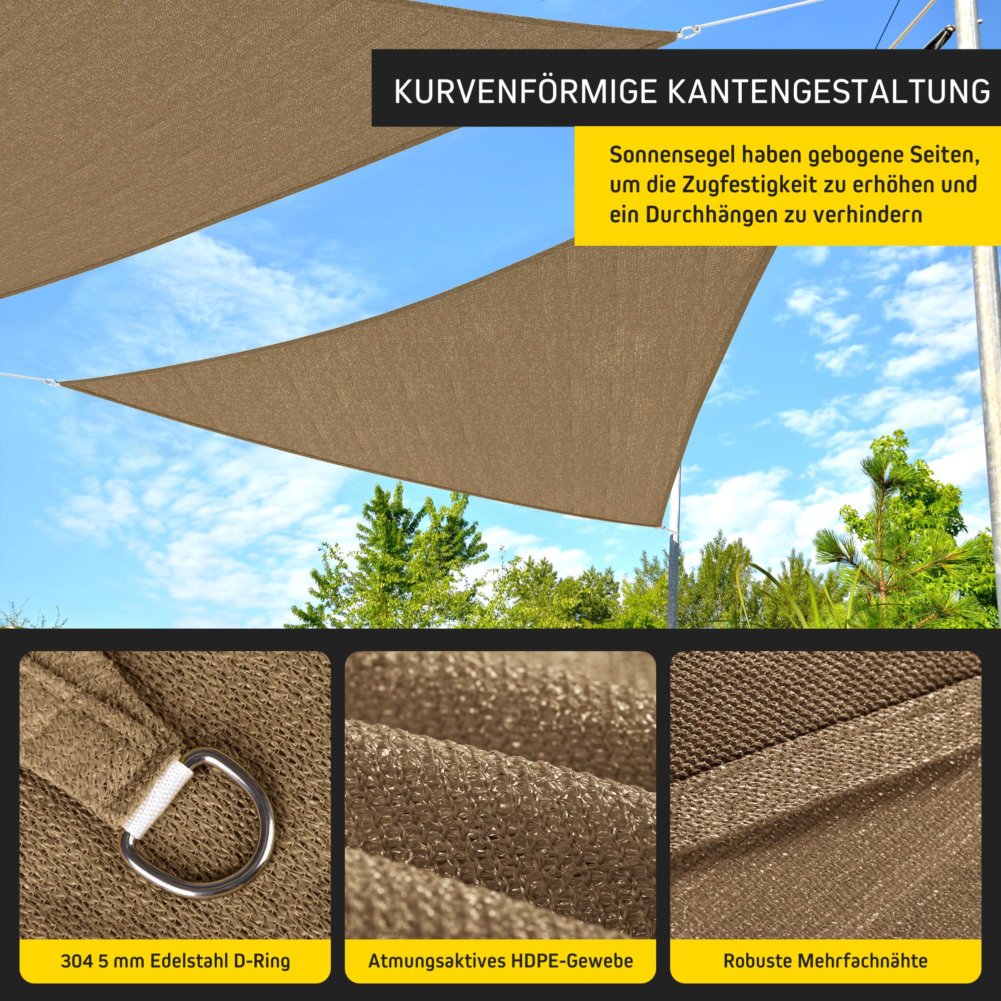 jarolift Toldo Vela Triangular Transpirable Protección Solar y Privacidad para Jardín, Balcón, Terraza, 360 x 360 x 360 cm, Beige