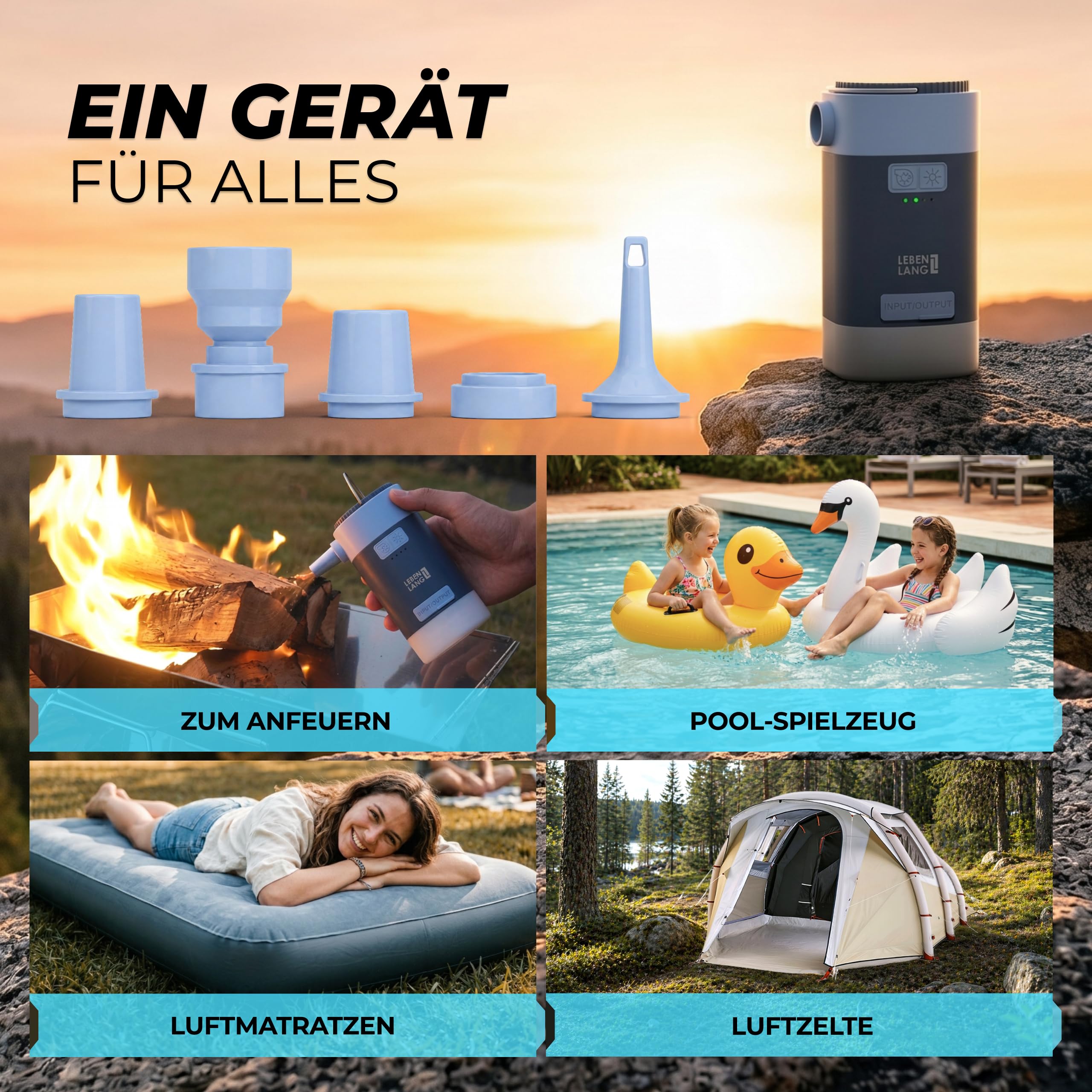 LEBENLANG 3 in 1 Elektro Luftpumpe Akku - 4,5kPa & 4000mAh mit Solarpanel I IPX4 Elektrische Pumpe Akku Elektrische Luftpumpe Boot Camping Zelt Aufpumpen Schlauchboot Kabellose Air Pump Aufblasgerät