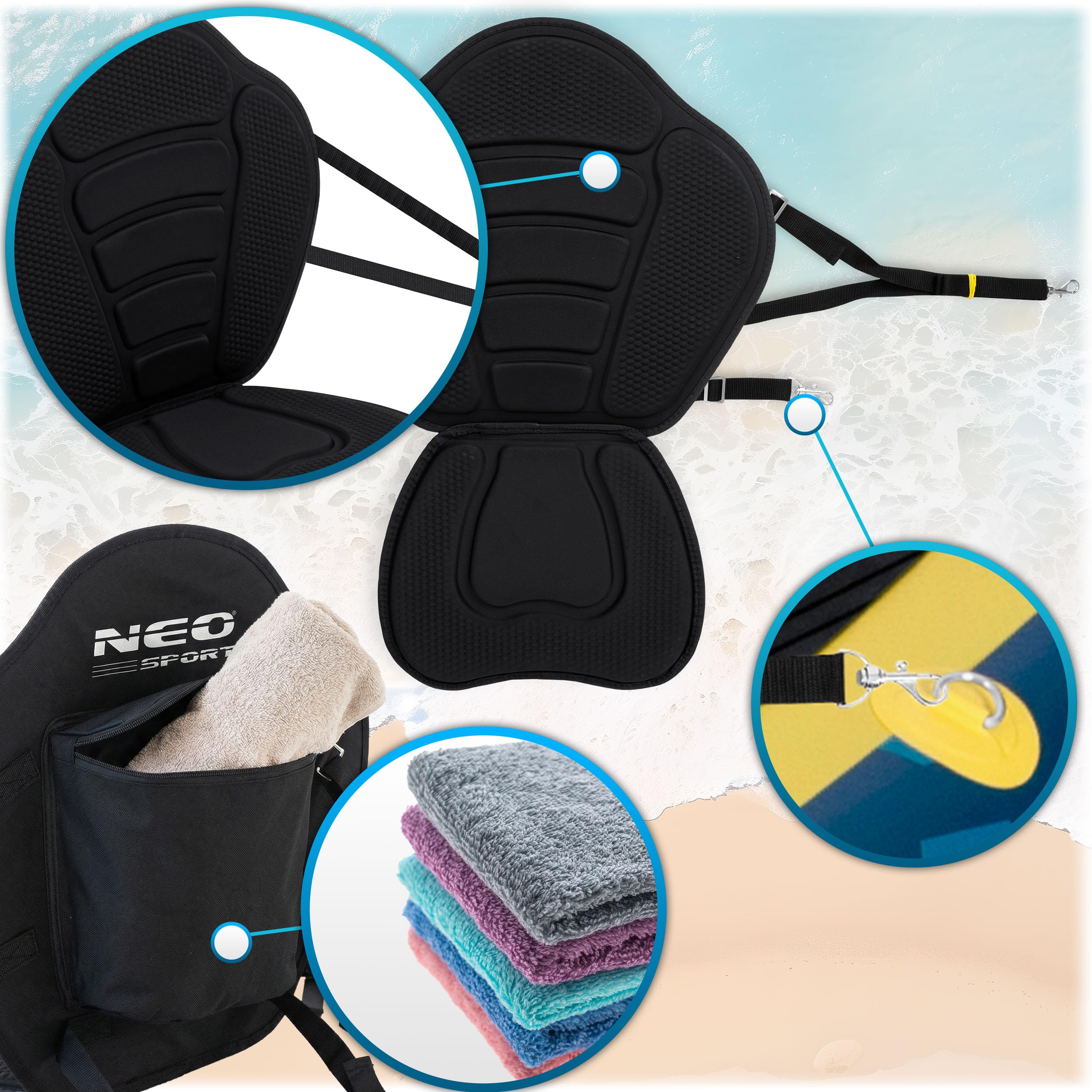 Neo-Sport Siedzisko do Deski SUP z Oparciem - Wygodne Piankowe Siedzisko Kajakowe z Kieszenią - Stabilne Wsparcie Pleców - Paddleboarding - Uniwersalne Mocowanie - Czarne 77 x 52 cm