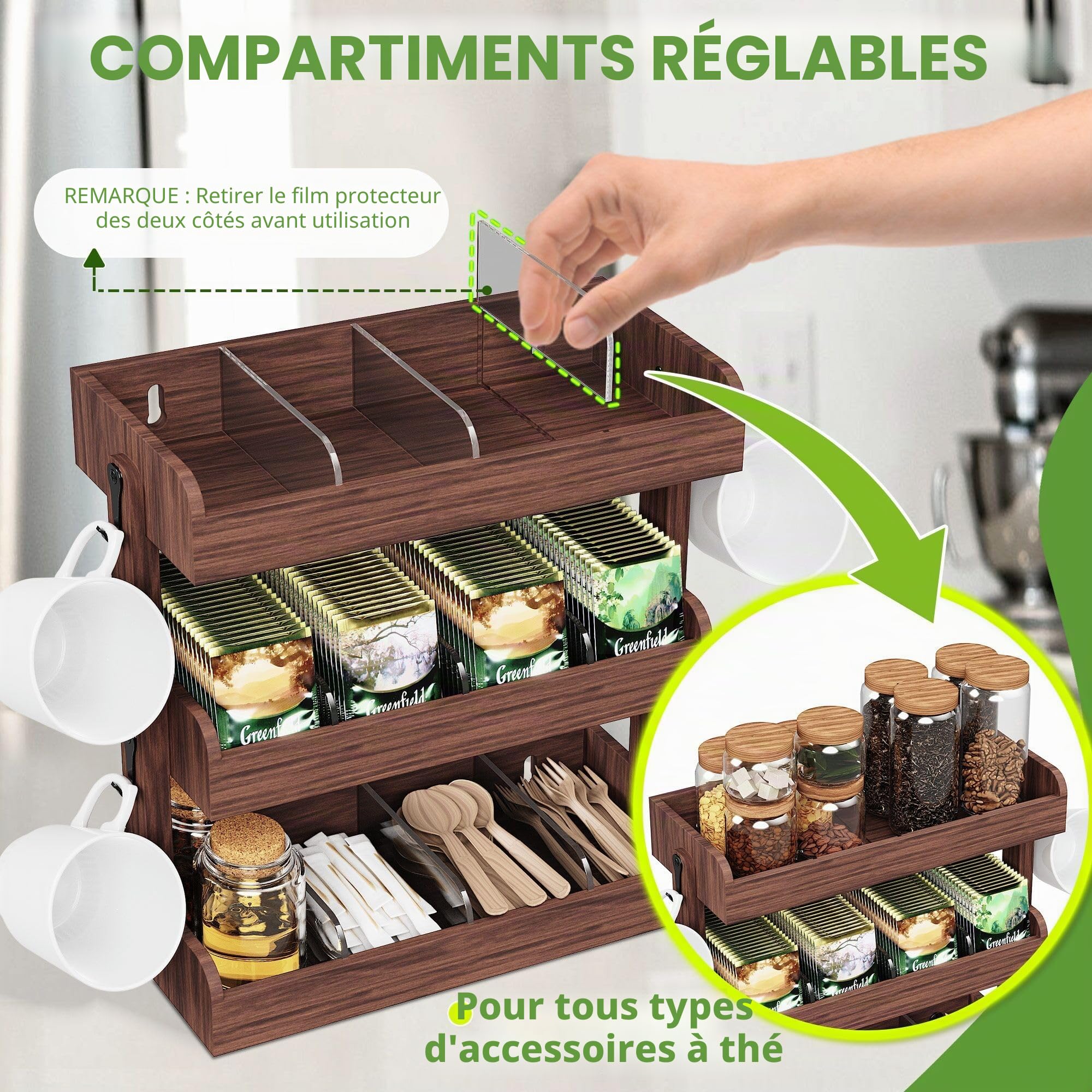 Organisateur de sachets de thé à 3 étages, porte-sachets mural avec séparateurs, rangement de thé avec 4 crochets, boîte en bois pour bureau et cuisine