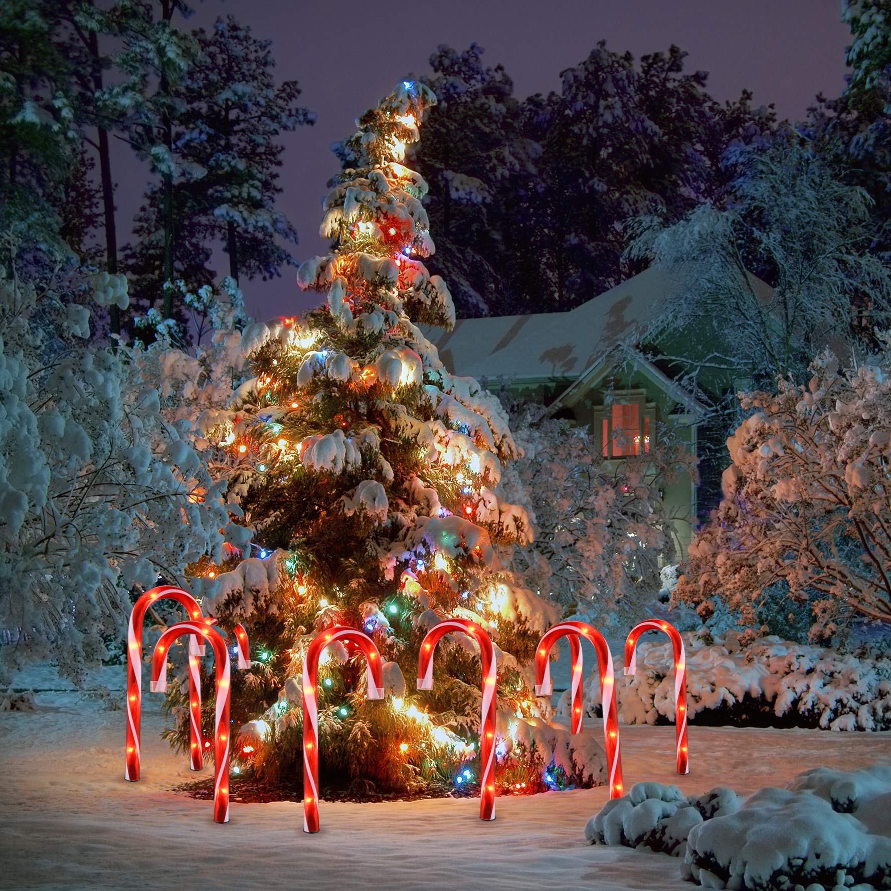 Luces de bastón de caramelo, paquete de 10 luces de camino de bastón de caramelo, 10 pulgadas, color rojo claro, bastón de caramelo para exteriores, decoración de Navidad para pasarela, entrada, acera 8