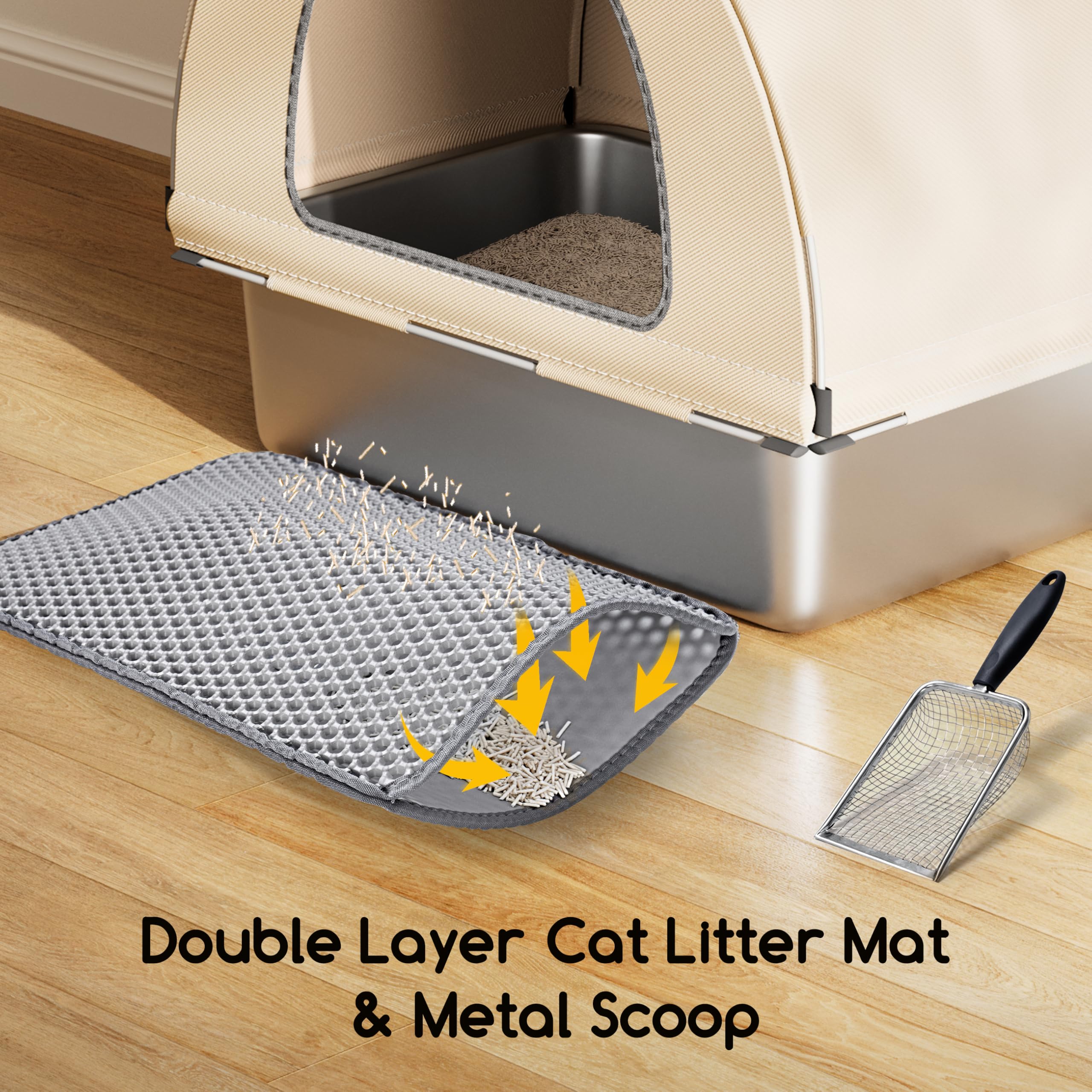 Meowant Lettiera Gatto in Acciaio Inox, Lettiere XXL, Design Copertura in Tessuto Chiuso, Toilette Grande per Gatti di Grossa Taglia, Antiaderente, Prova Perdite, Staccabile e Facile Pulire, Bianco