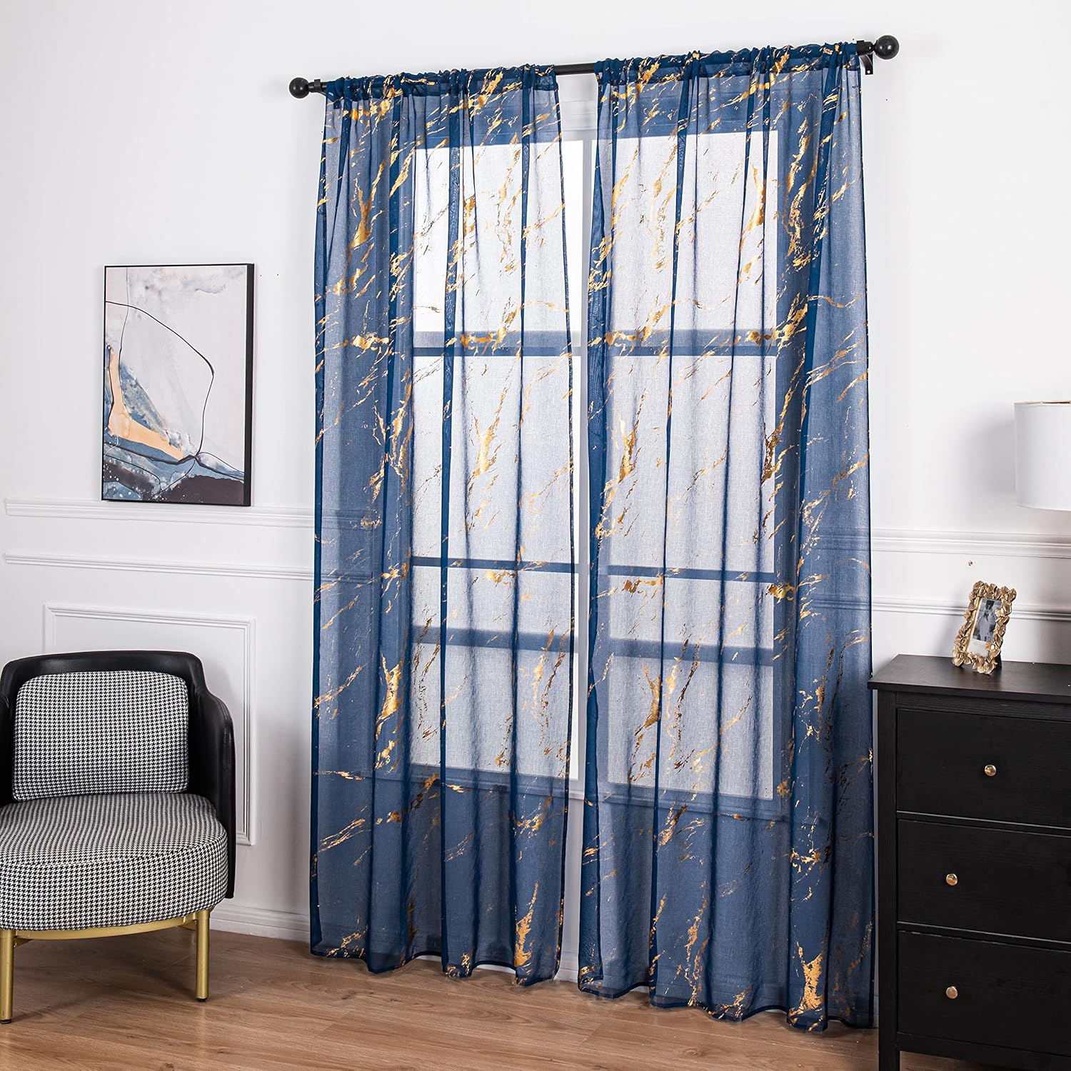Sutuo Home Marble Sheer Curtains 84 Inch Length, Gold Foil Print Metallic Bronzing, Privacy Window Treatment Abstract Drape Pair 2 Panels Set for Bedroom Kitchen Living Room 52" W x 84" L, Navy Blue
