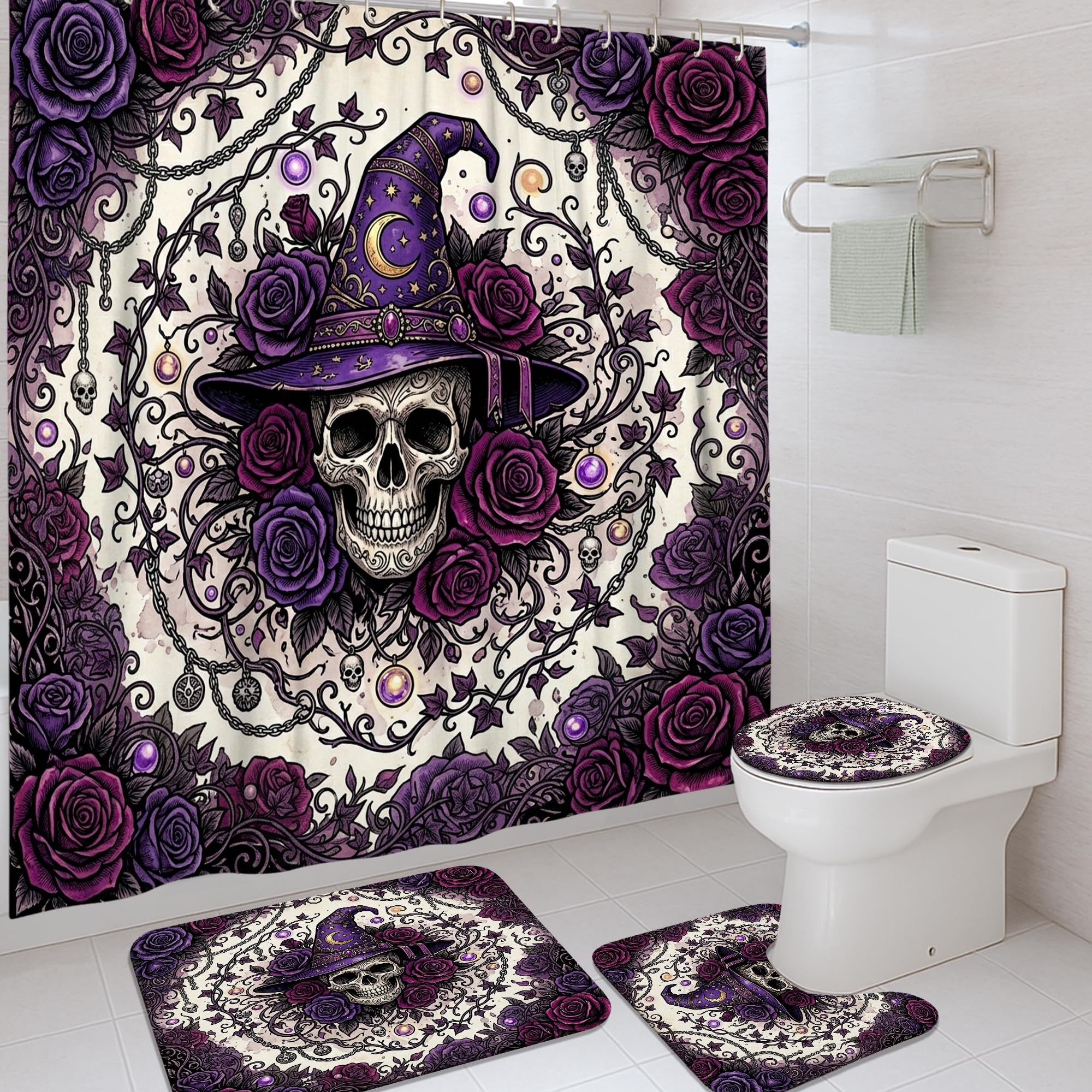 Rideau de douche imperméable tête de mort violet anti-moisissure