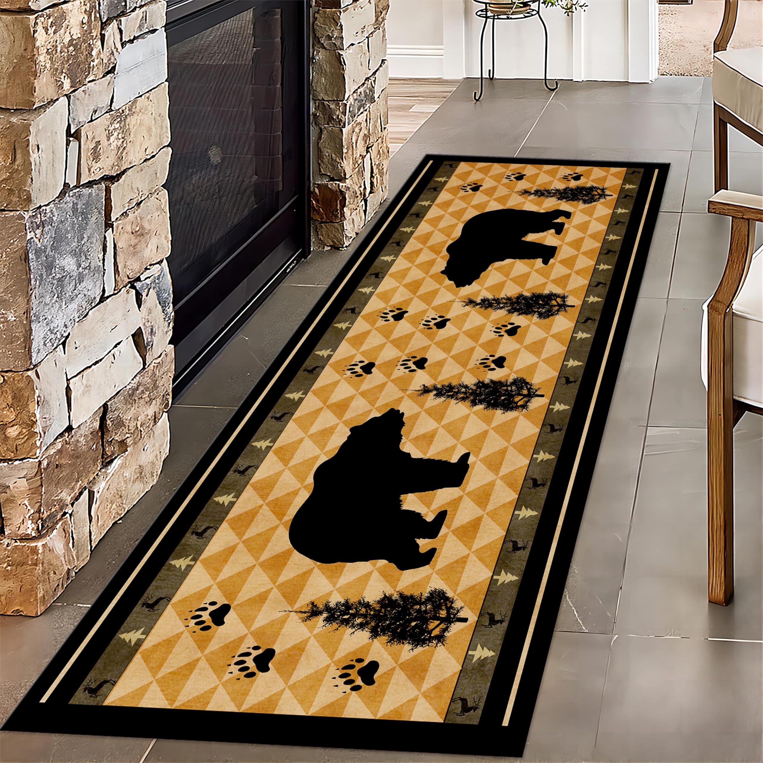 PLMHXC Rustic Lodge Runner Rug, 2x6ft, Woodland Black Bear Paw Runner for Entryway, Soft Washable Dirty Resistant Indoor Carpet, Durable Non-Slip