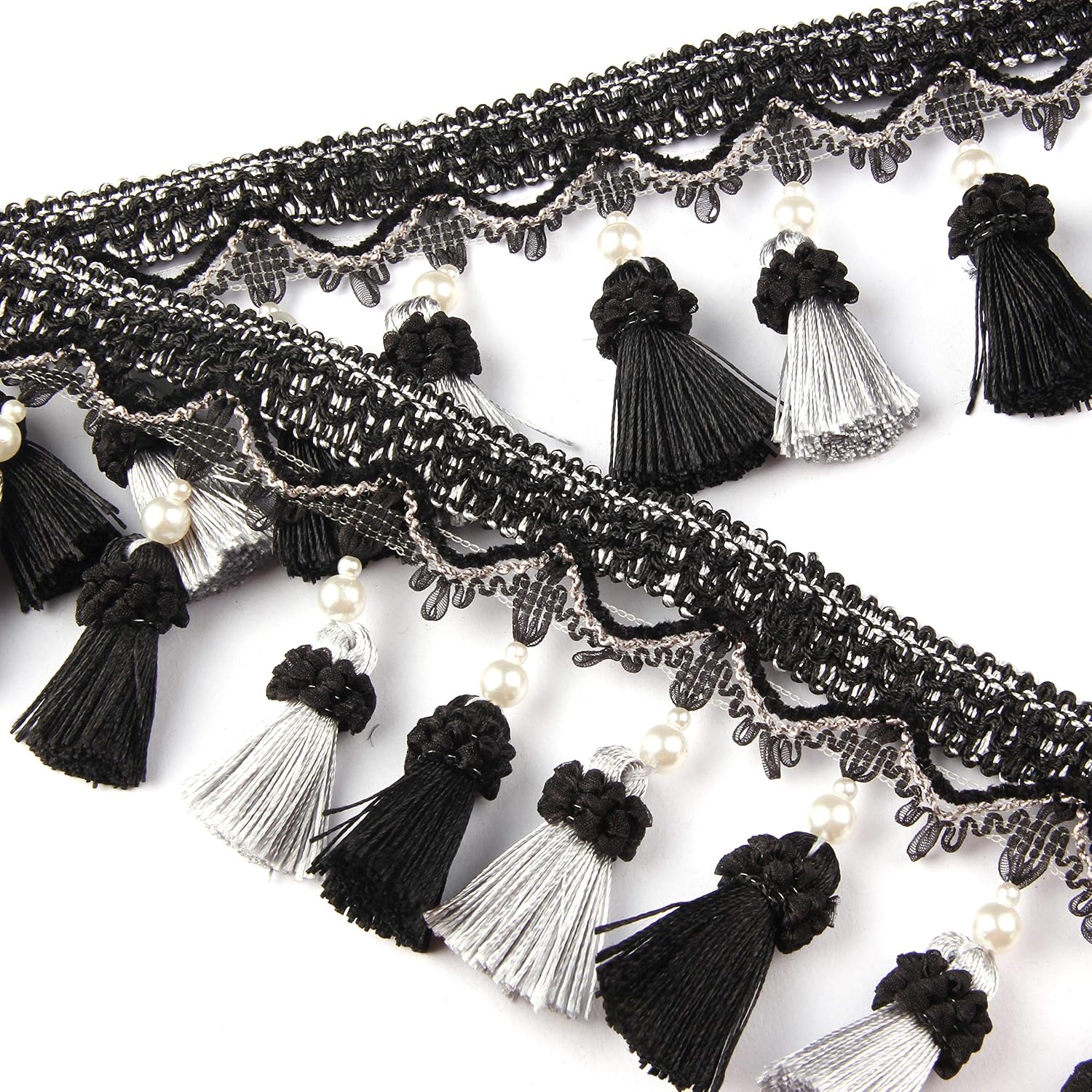 BEL AVENIR Tassel Fringe Trim 6.5 Yard x 3.15 Inches Luxury Beaded Tassel Fringing Trimmings (Black)