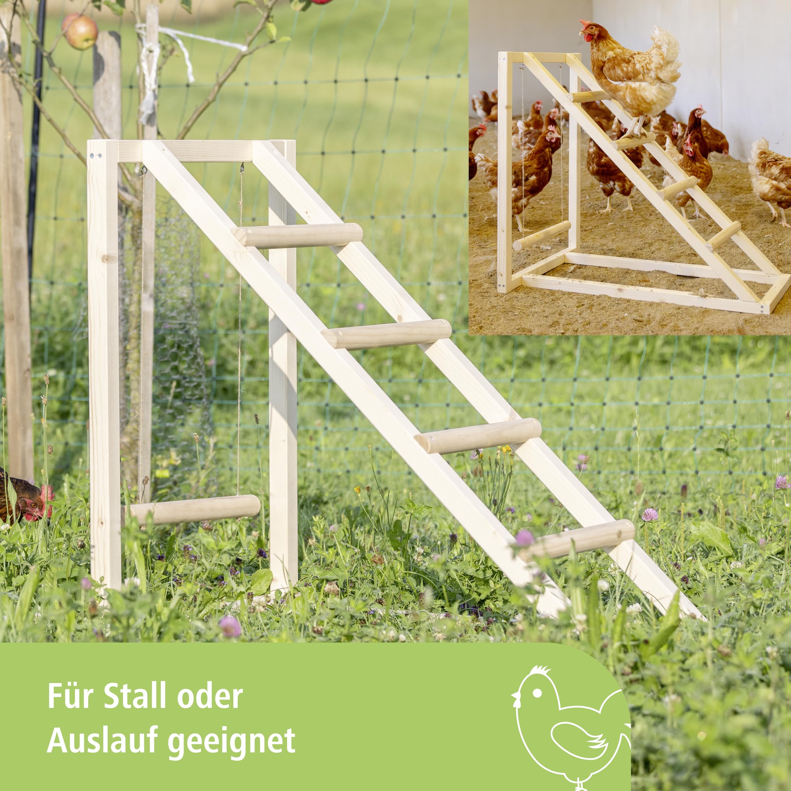 Kerbl Hobbyfarming Kletterturm für Hühner, Hühnerschaukel, Hühnerleiter, 85x55x76cm, Holz, robust, mehrsprossig