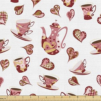 Lunarable Tea Party Fabric by The Yard, Tea Cups Teapot Hearts Doodle Style Vibrant Coffee Invitation Themed Design, Decorative Fabric for Upholstery and Home Accents, 2 Yards, Pink Red
